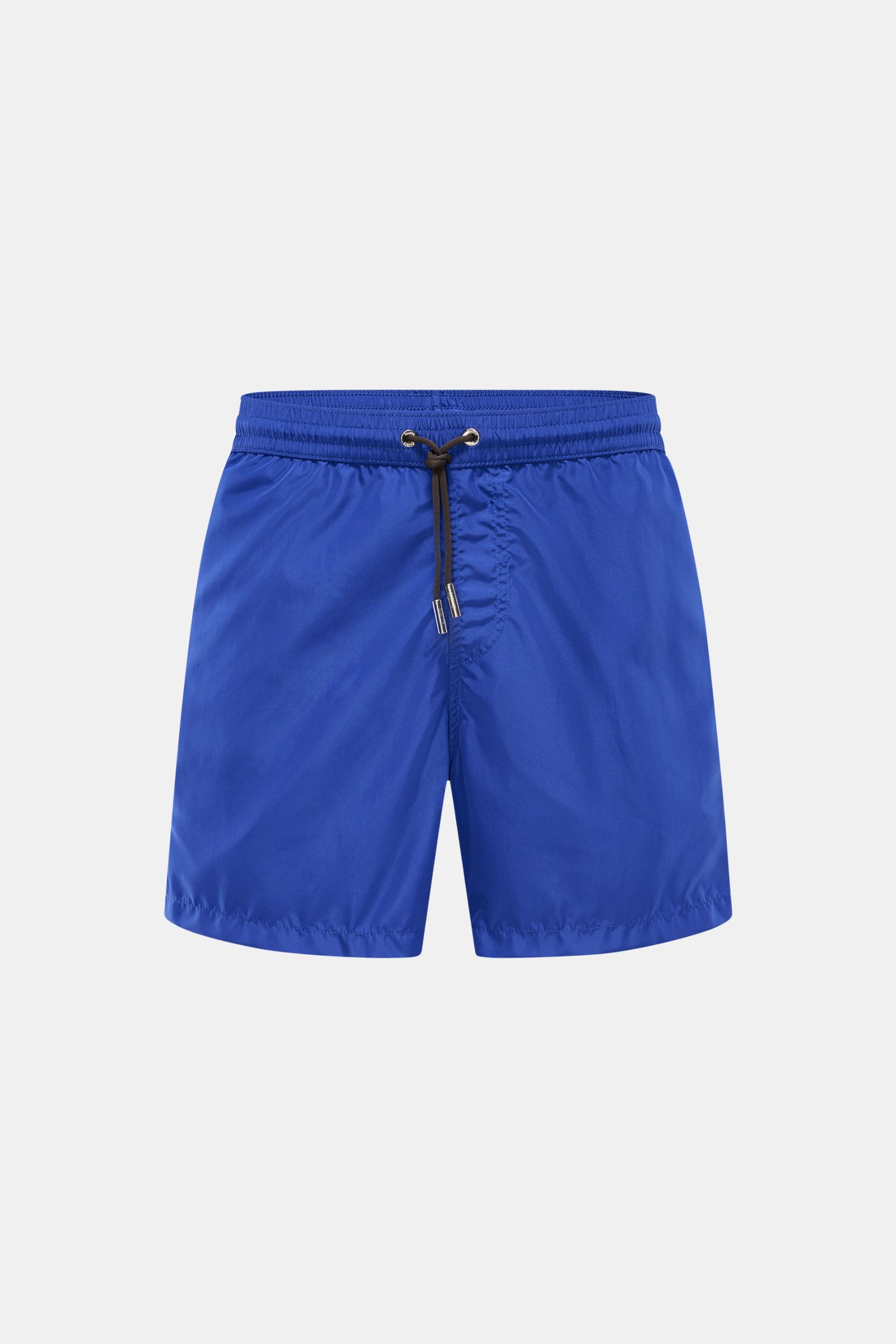 Front view of Moorer Swim shorts 'Portofino' dark blue, quick-drying microfibre, smooth feel, regular fit, elasticated waistband with drawstring, small key pocket inside, side seam pockets, back pocket with flap, smooth lining.
