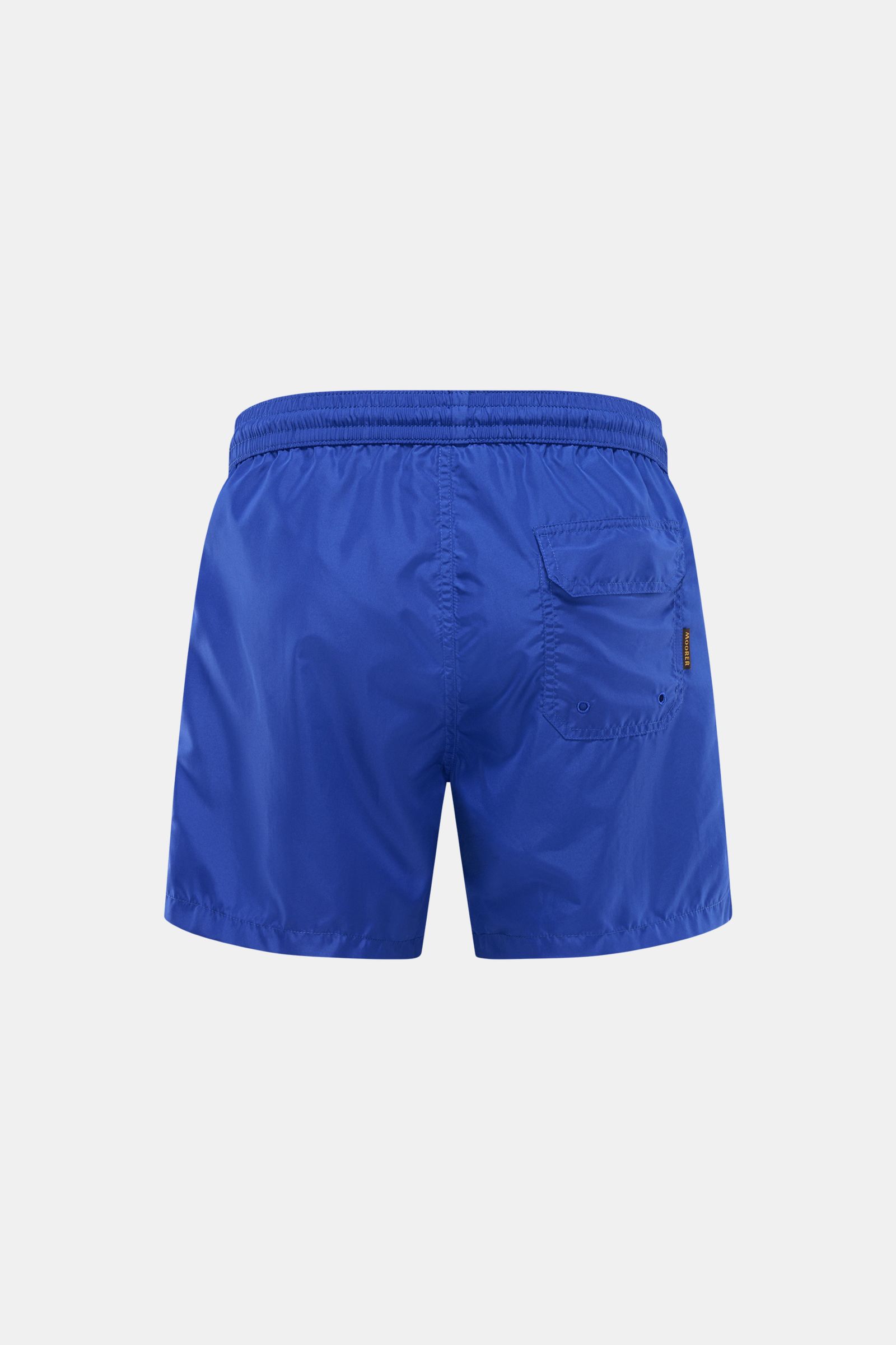 Back view of Moorer Swim shorts 'Portofino' dark blue, quick-drying microfibre, smooth feel, regular fit, elasticated waistband with drawstring, small key pocket inside, side seam pockets, back pocket with flap, smooth lining.