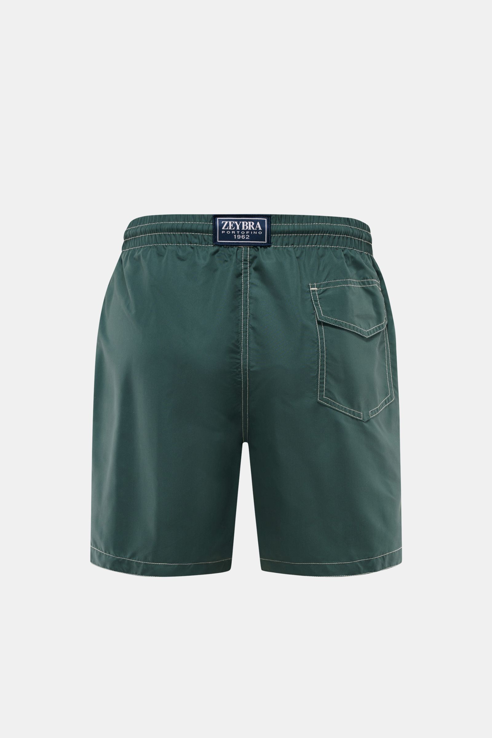 Rear view of Zeybra Portofino 1962 Badeshorts 'Lux Car' dunkelgrün/salbei in dark green and sage, showcasing elastic waistband with drawstring, back pocket with Velcro, and short side slits. Sommerliches Statement: Mit ihrem markanten Print werden die 