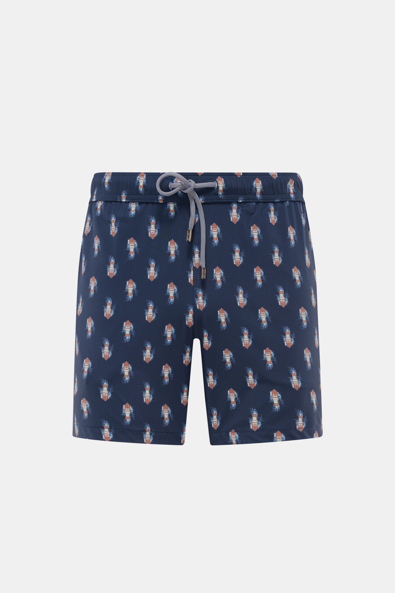 Front view of Zeybra Portofino 1962 Badeshorts 'Boat' navy/braun gemustert with a short cut and eye-catching boat pattern, elastic waistband with drawstring, side pockets, and back pocket with Velcro closure. Eyecatcher für sonnige Tage: Die Badeshorts