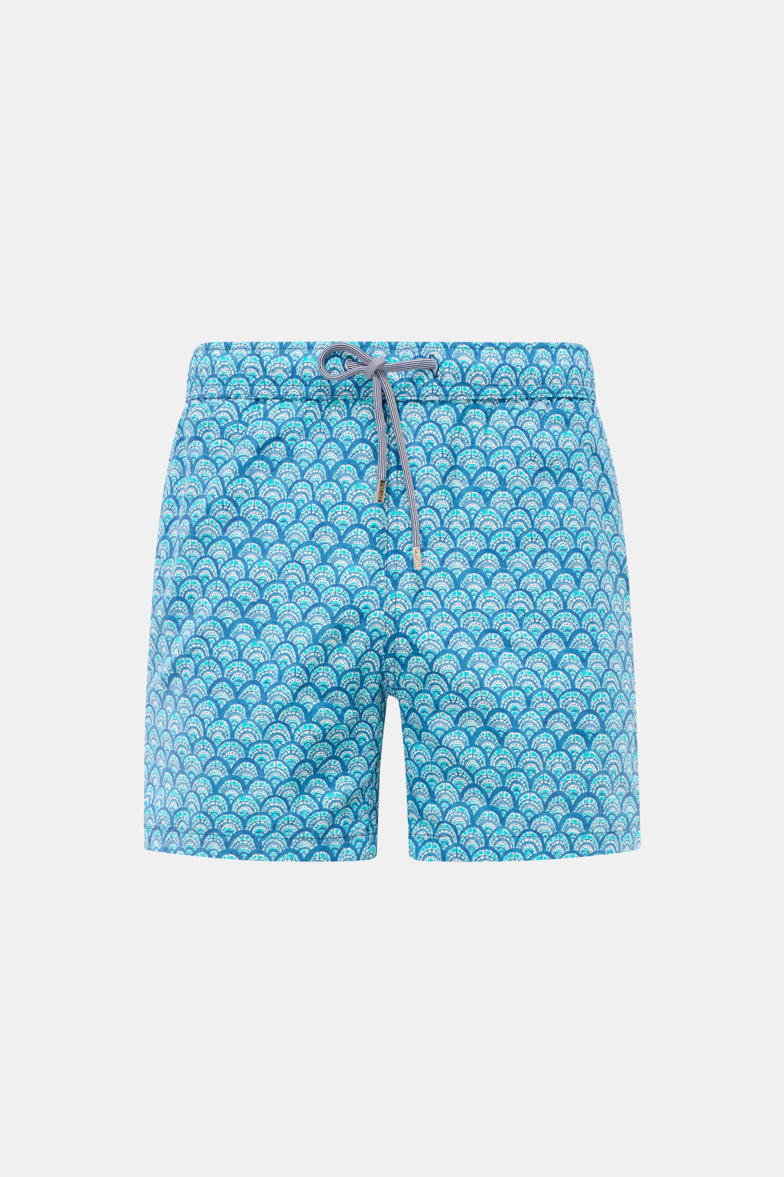 Zeybra Portofino 1962 Badeshorts türkis/blau/offwhite gemustert, Frontansicht, Microfaser, Regular Fit, elastischer Bund mit Tunnelzug.