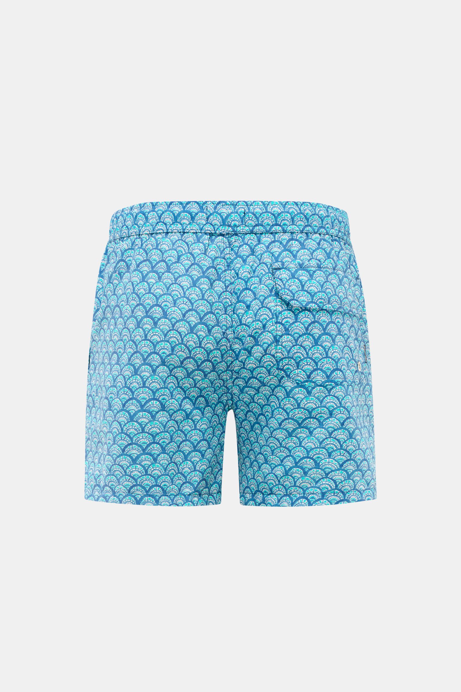 Zeybra Portofino 1962 Badeshorts türkis/blau/offwhite gemustert, Rückansicht, Regular Fit, elastischer Bund, Microfaser, Taschen, Saumschlitz, Mesh-Innenfutter.