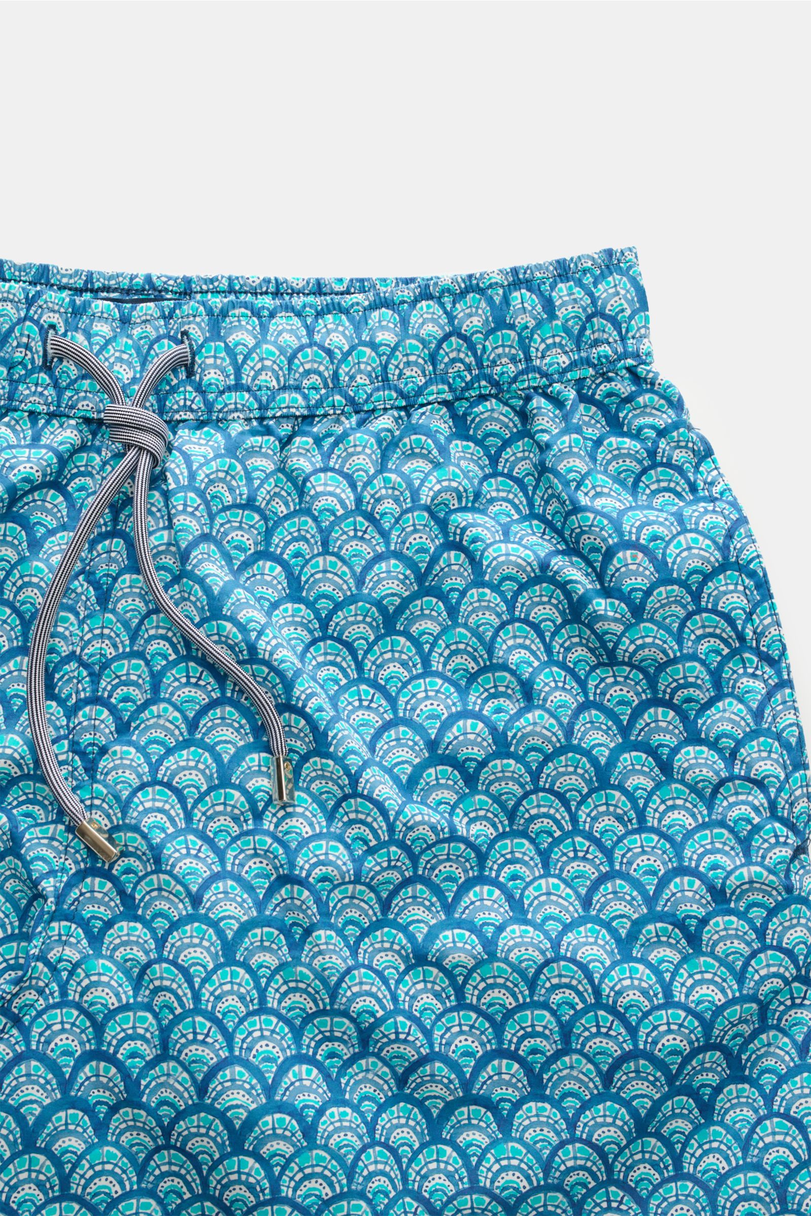 Zeybra Portofino 1962 Badeshorts türkis/blau/offwhite gemustert, Nahaufnahme von Bund mit elastischem Tunnelzug, Regular Fit, Microfaser.