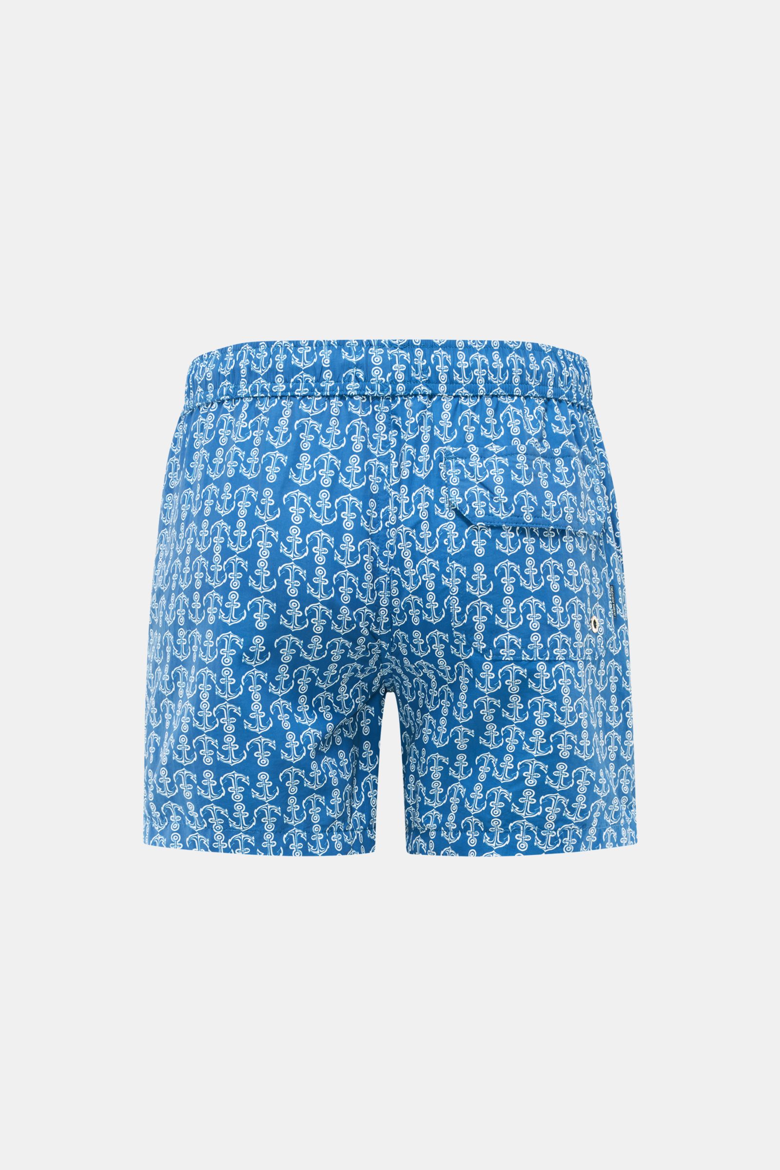 Zeybra Portofino 1962 Badeshorts blau/weiß gemustert, Rückansicht, elastischer Bund, Gesäßtasche mit Klettverschluss, Microfaser, Regular Fit.