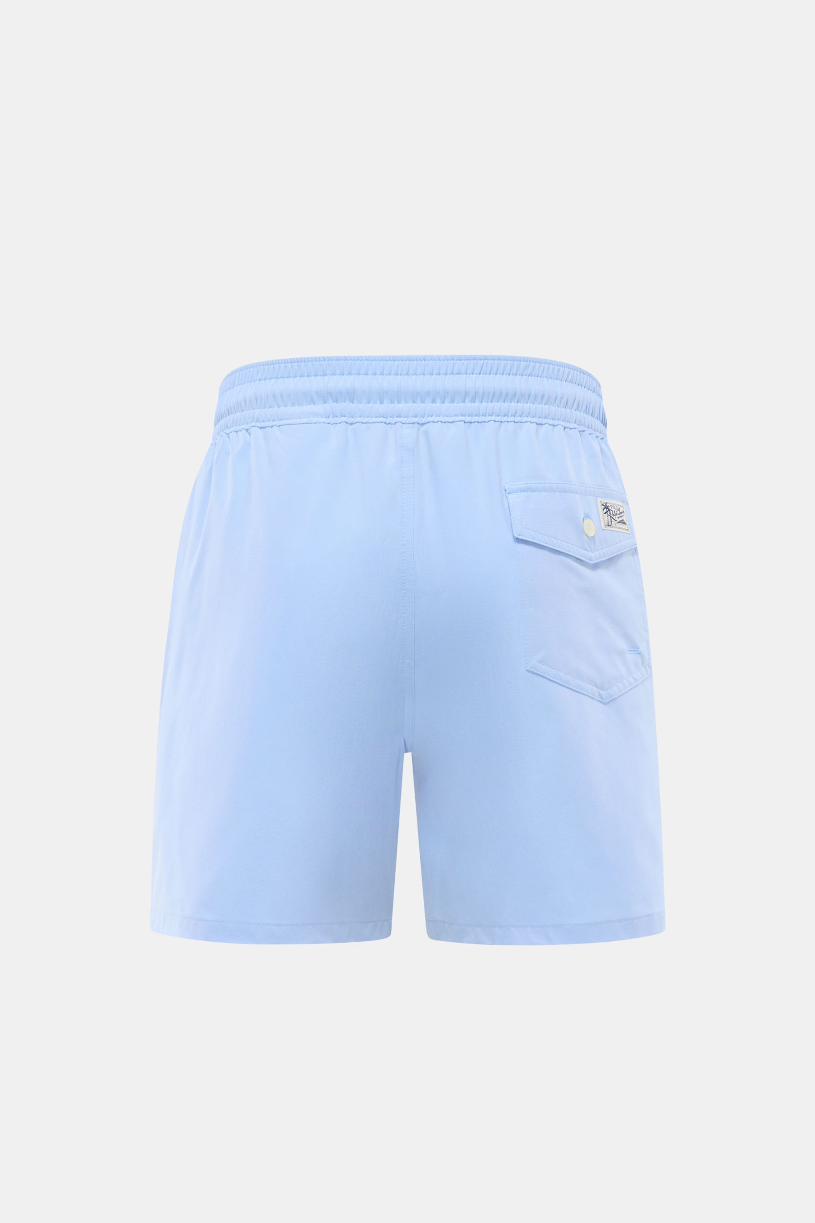 Polo Ralph Lauren Badeshorts 'Traveler' hellblau, Rückansicht, Regular Fit, elastischer Bund, schnelltrocknende Microfaser, Gesäßtasche mit Patte, Mesh-Innenfutter. Stilsicher auf Reisen.