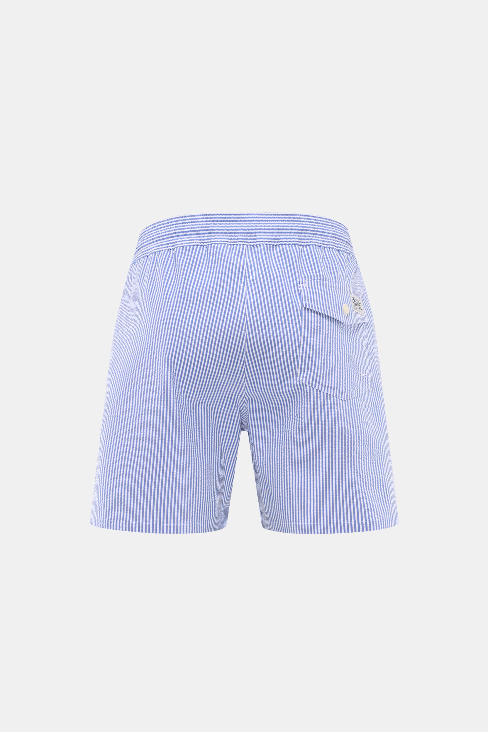 Polo Ralph Lauren Badeshorts 'Traveler' blau/weiß gestreift, Rückansicht, Regular Fit, elastischer Bund, Gesäßtasche mit Patte, Seersucker aus Baumwolle/Microfaser.