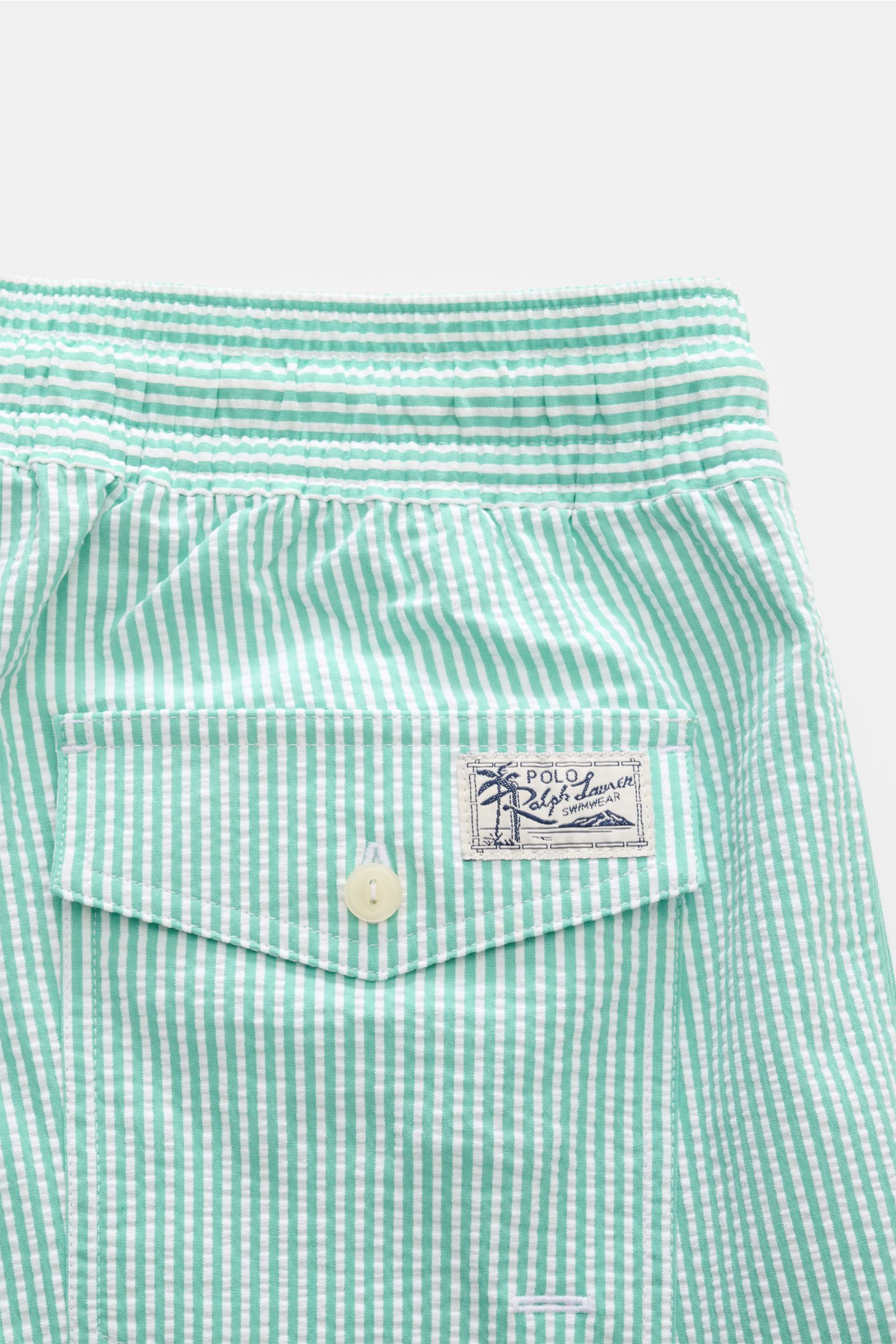 Polo Ralph Lauren Seersucker-Badeshorts 'Traveler' mint/weiß gestreift, Detail Rückseite mit elastischem Bund, geknöpfter Gesäßtasche, Baumwoll-Seersucker