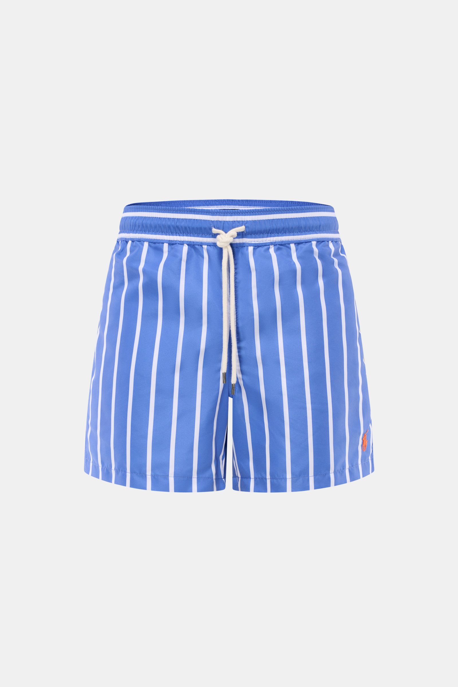Polo Ralph Lauren Swim shorts 'Traveler' blue/white striped shown from the front with elastic waistband, drawstring, side pockets, and logo.

Stylish confidence for your travels: These POLO RALPH LAUREN swim shorts are the perfect companion for your ne