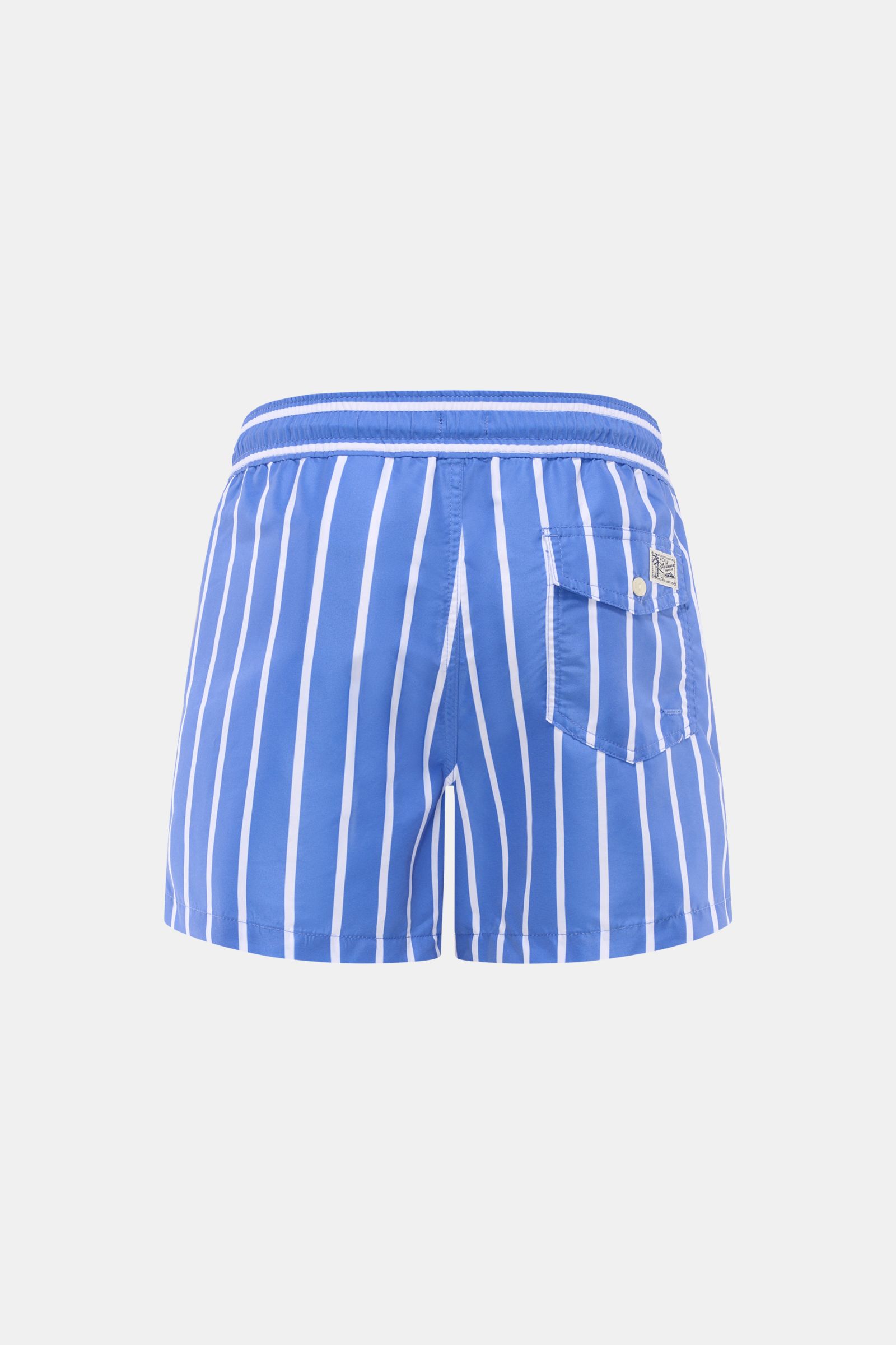 Rear view of Polo Ralph Lauren Swim shorts 'Traveler' blue/white striped with elasticated waistband, back pocket with button flap, side seam pockets.

Stylish confidence for your travels: These POLO RALPH LAUREN swim shorts are the perfect companion fo