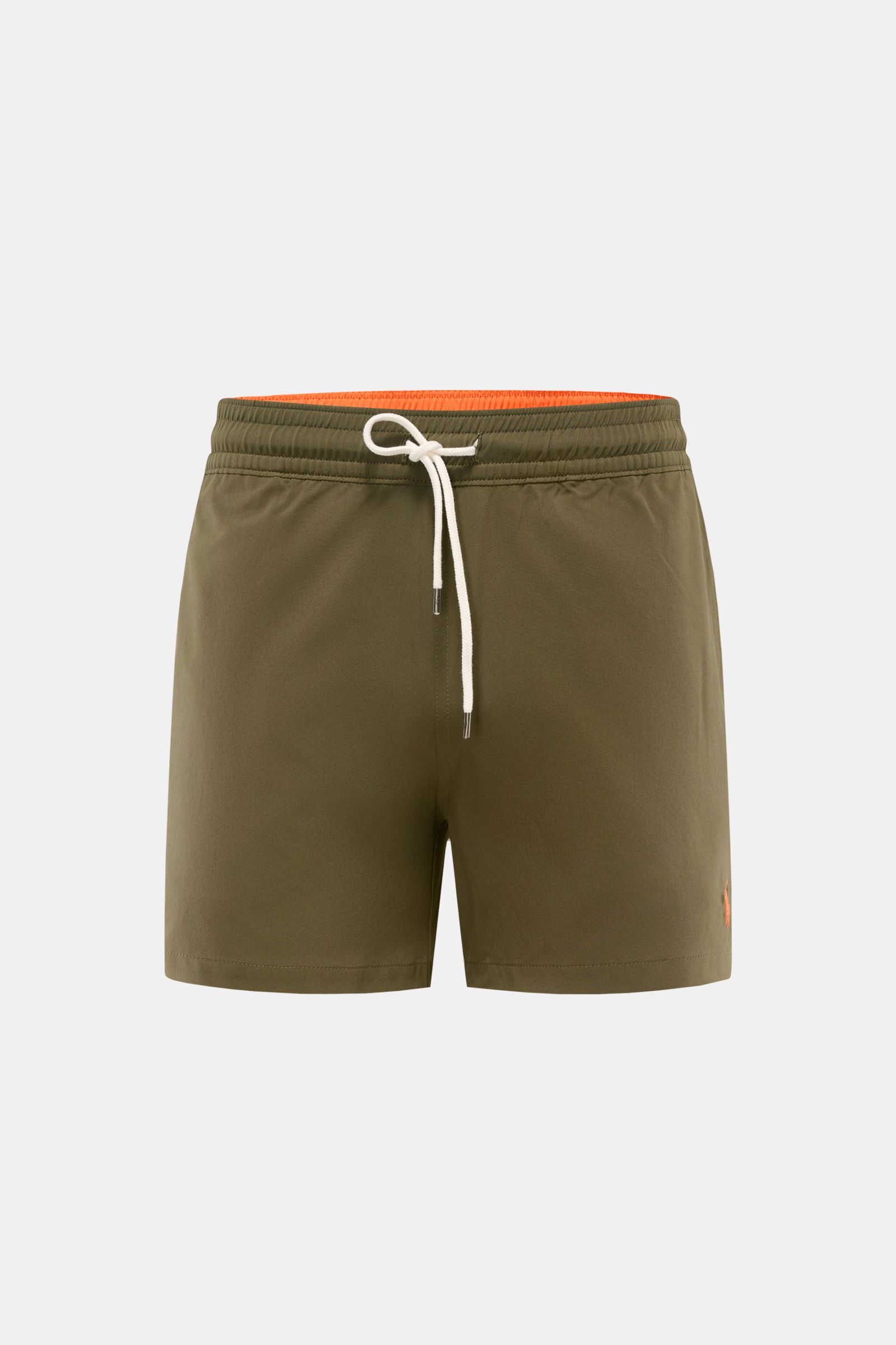 Polo Ralph Lauren Badeshorts 'Traveler' oliv, Frontansicht, Regular Fit, schnelltrocknende Microfaser, elastischer Bund mit Tunnelzug, Taschen, Mesh-Innenfutter.