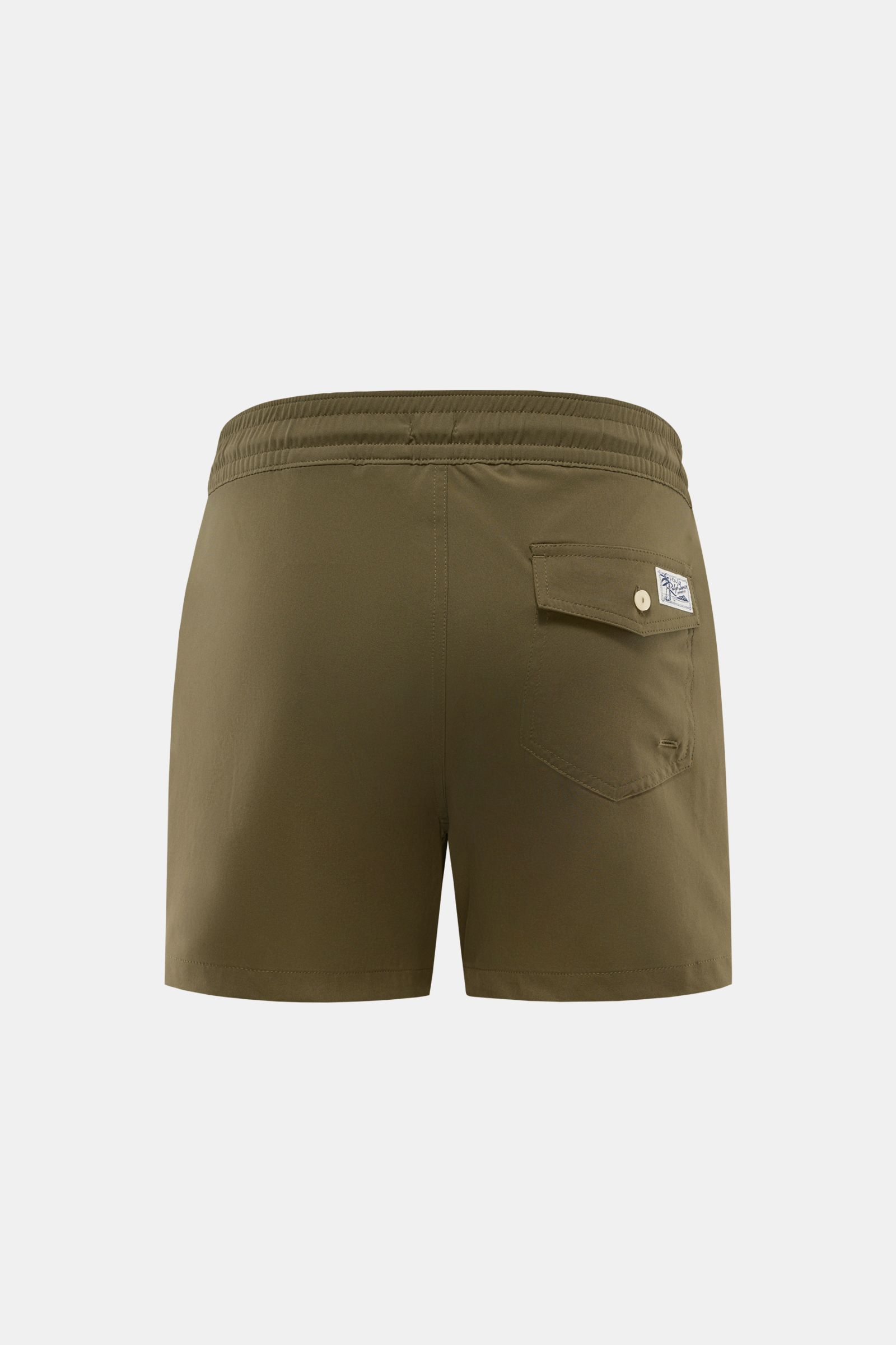 Polo Ralph Lauren Badeshorts 'Traveler' oliv, Rückansicht, Regular Fit, elastischer Bund, Gesäßtasche mit Patte, schnelltrocknende Microfaser, Mesh-Innenfutter.