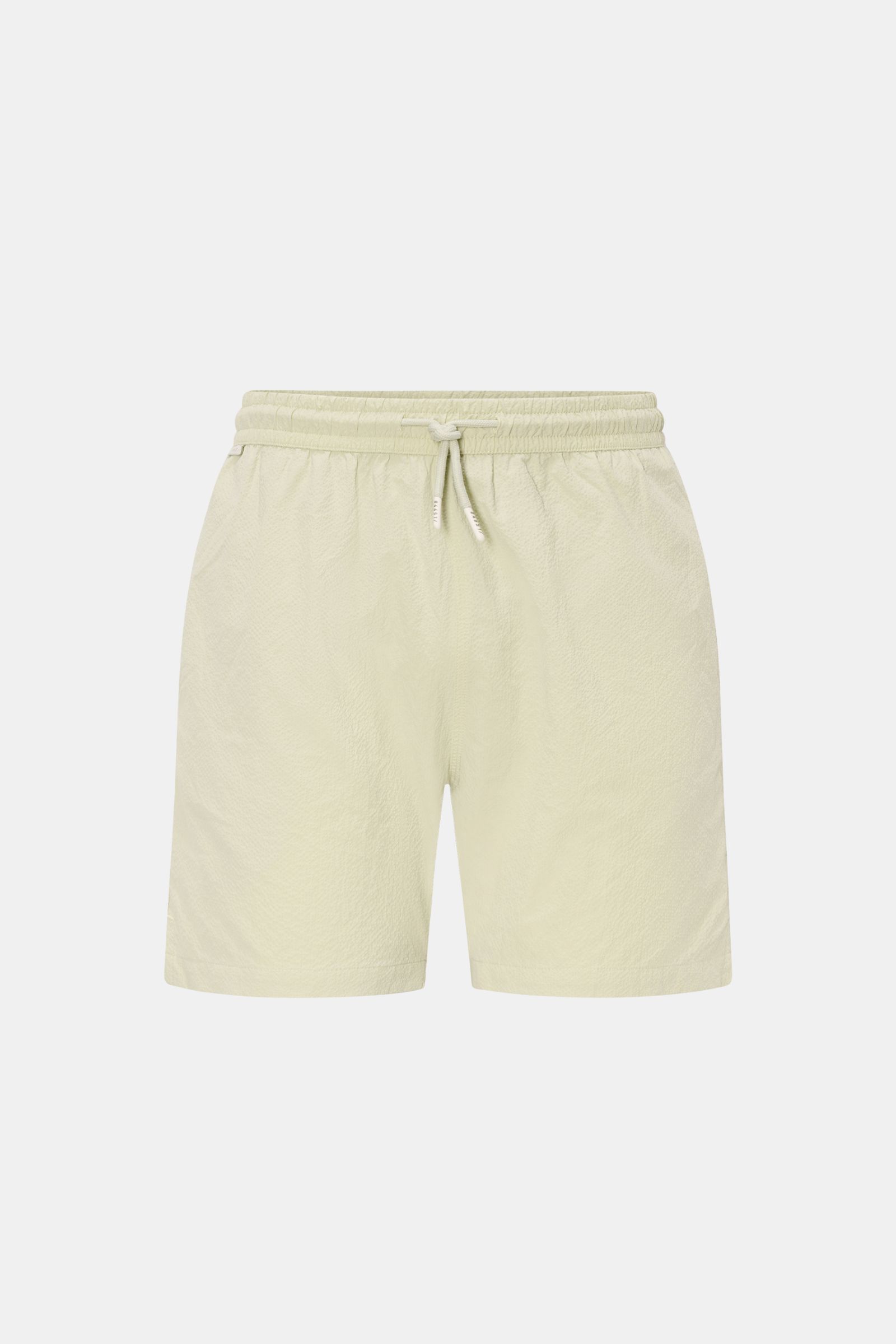 04651/ A trip in a bag Badeshorts 'Mono Seersucker' salbei, Frontansicht, Regular Fit, elastischer Bund, Tasche seitlich, Mesh-Innenfutter.