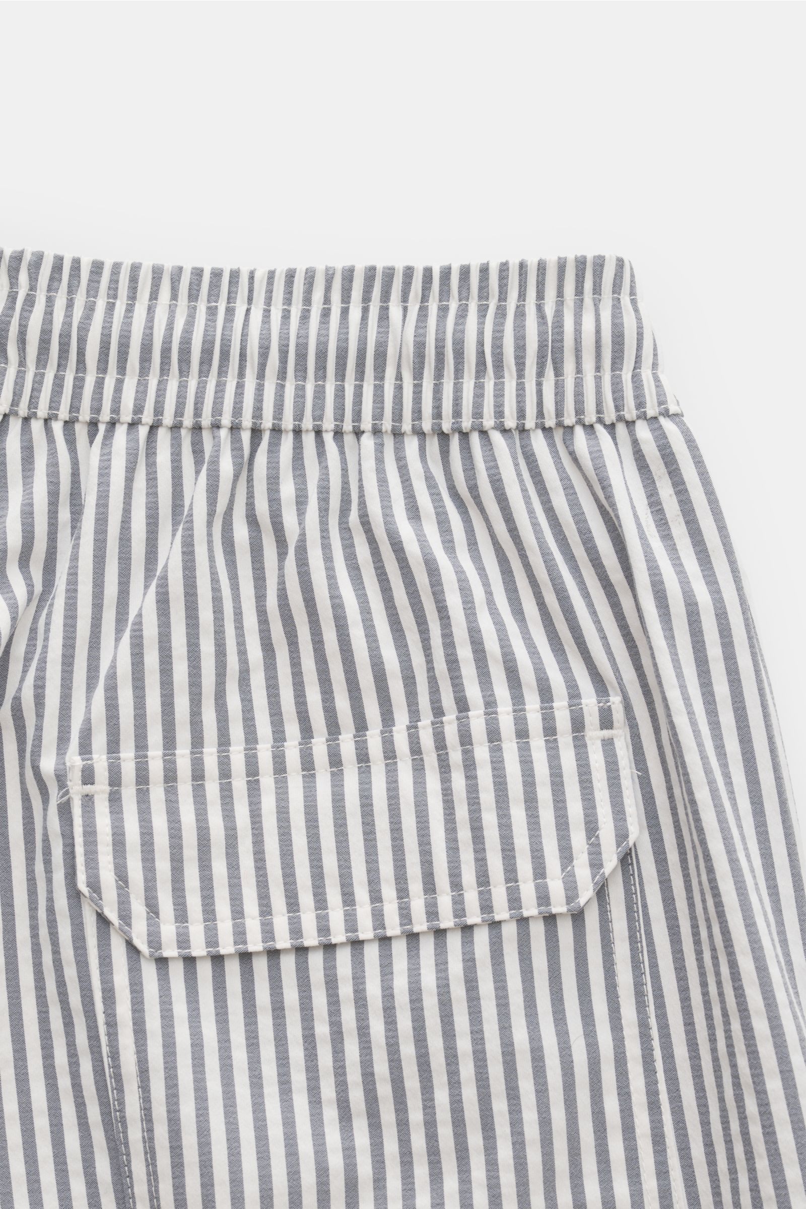 04651/ A trip in a bag Badeshorts navy/weiß gestreift, Rückansicht, Seersucker-Baumwolle, Regular Fit, elastischer Bund, Gesäßtasche mit Klettverschluss.