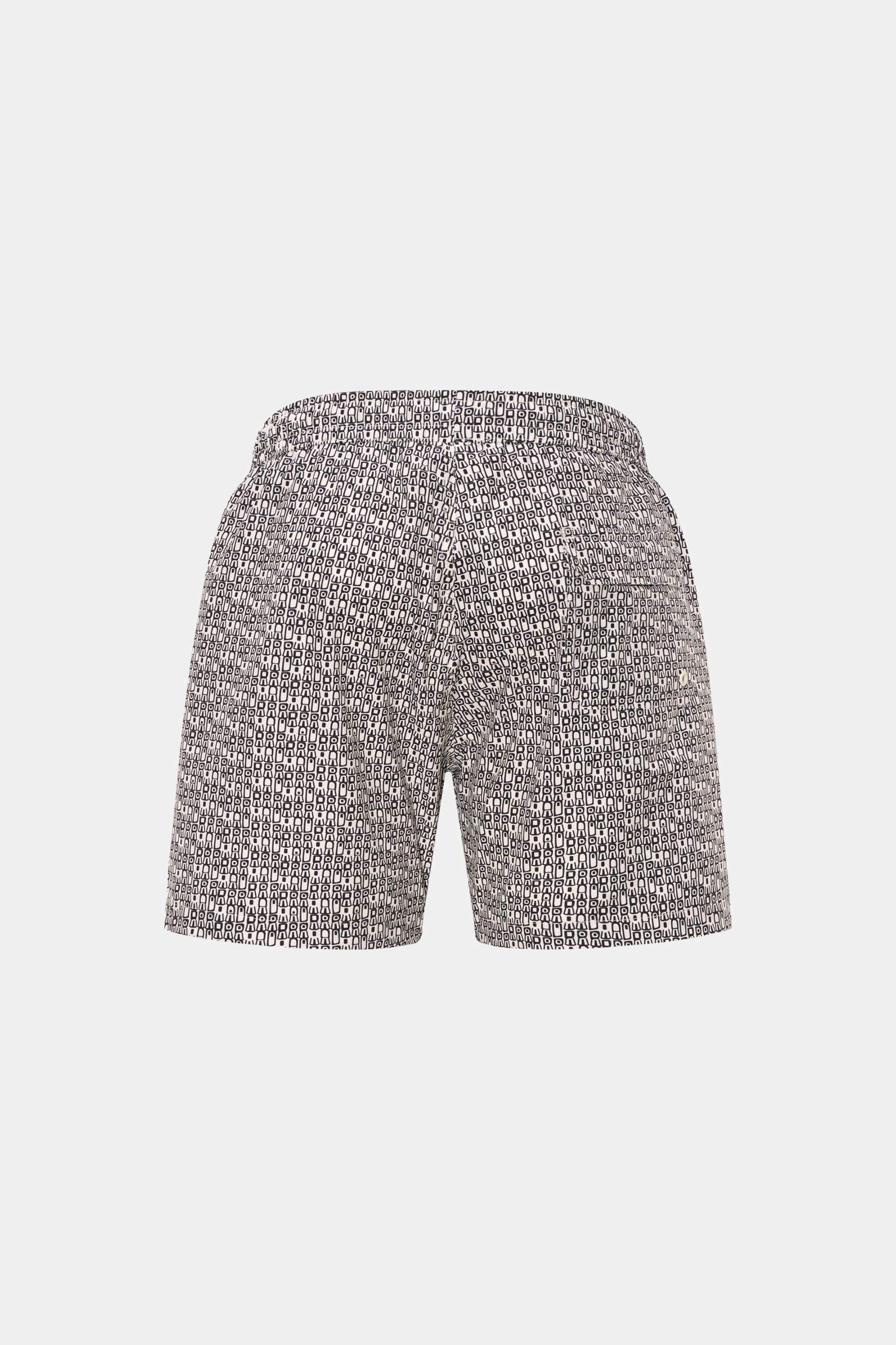 04651/ A trip in a bag Badeshorts 'Abstract' offwhite/schwarz gemustert, Rückansicht, elastischer Bund, Tunnelzug, Taschen, Mesh-Innenfutter, Regular Fit.