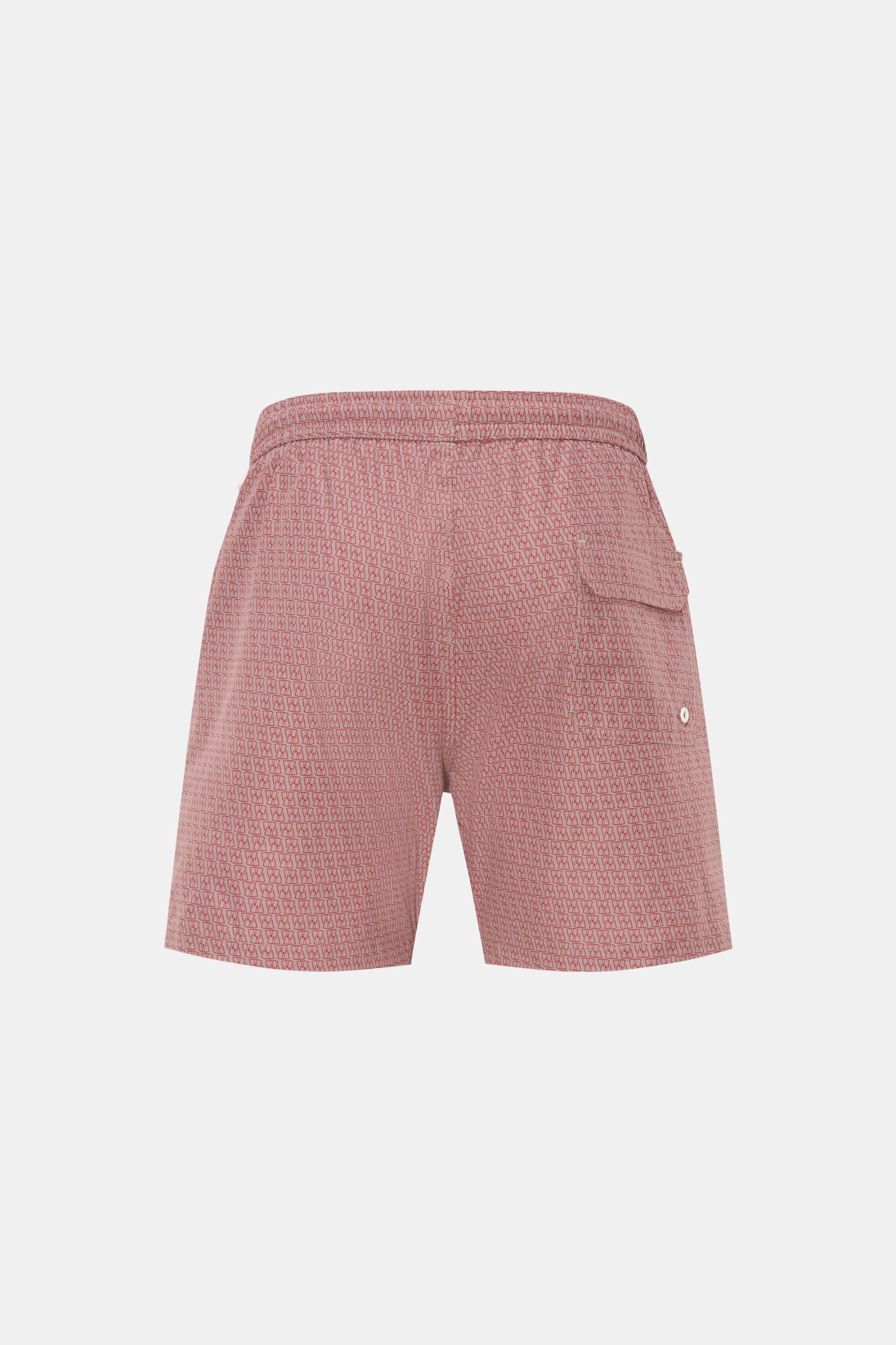 Rückansicht der 04651/ A trip in a bag Badeshorts 'Hansen' taupe/rot gemustert mit elastischem Bund, Taschen und seitlichen Saumschlitzen, Regular Fit.