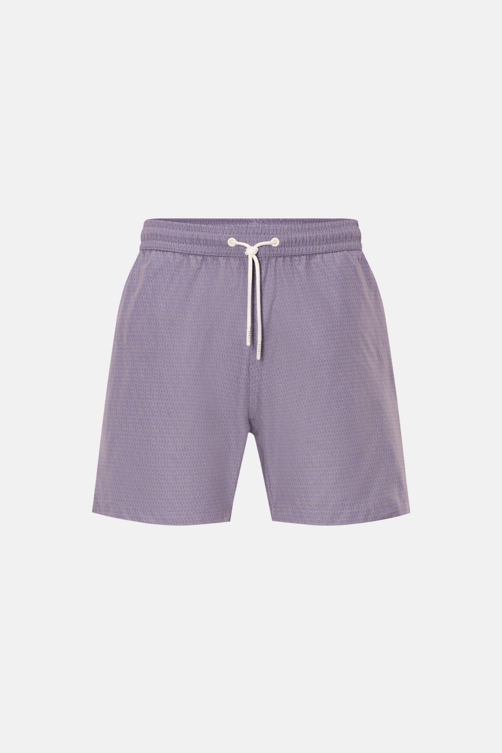 Frontansicht der 04651/ A trip in a bag Badeshorts 'Hansen' lavender/taupe gemustert mit elastischem Bund, Tunnelzug, Seitentaschen, Mesh-Innenfutter, Regular Fit.