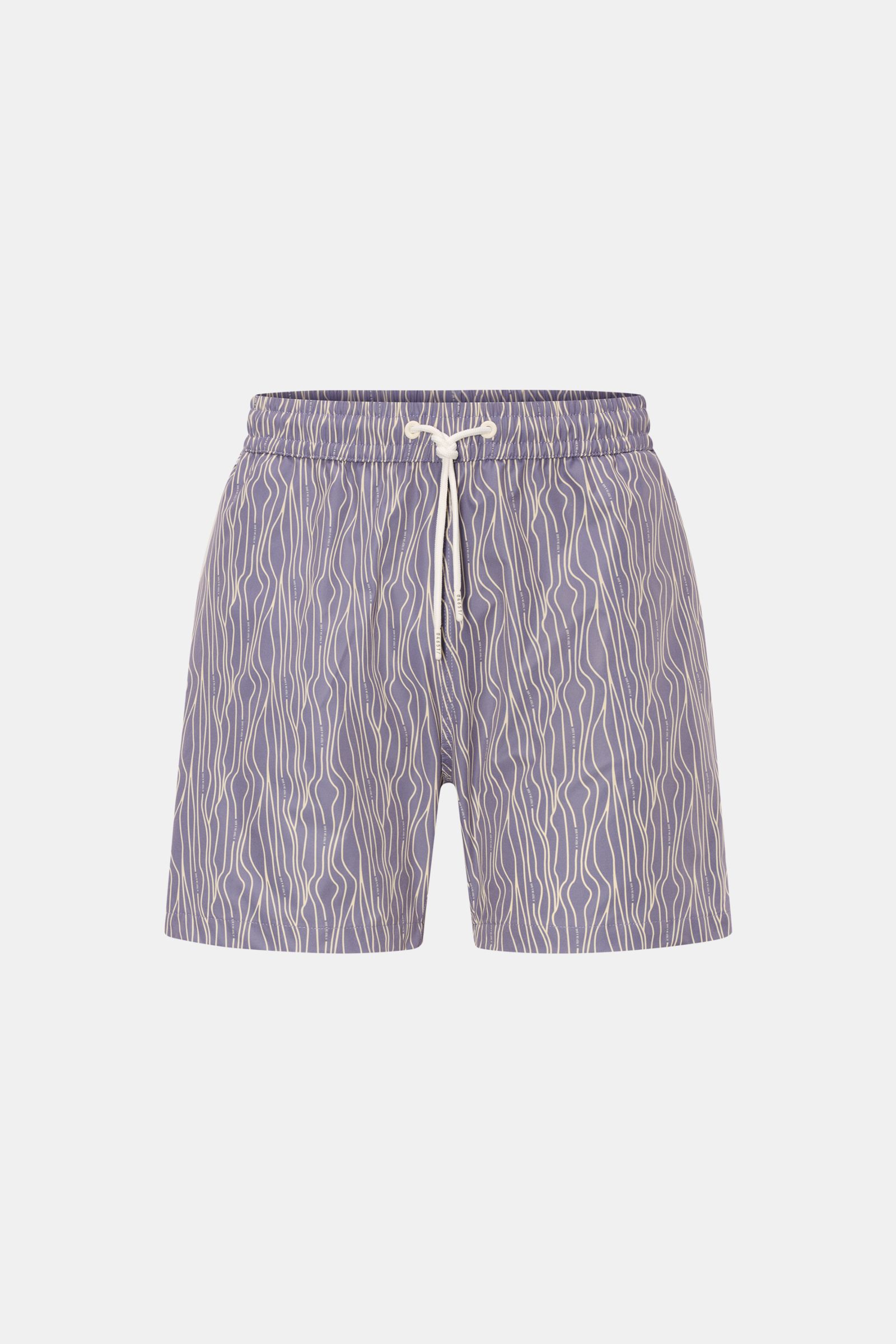 Frontansicht der 04651/ A trip in a bag Badeshorts 'Superkilen' lavender/pastellgelb gemustert mit elastischem Bund, Tunnelzug und seitlichen Taschen.