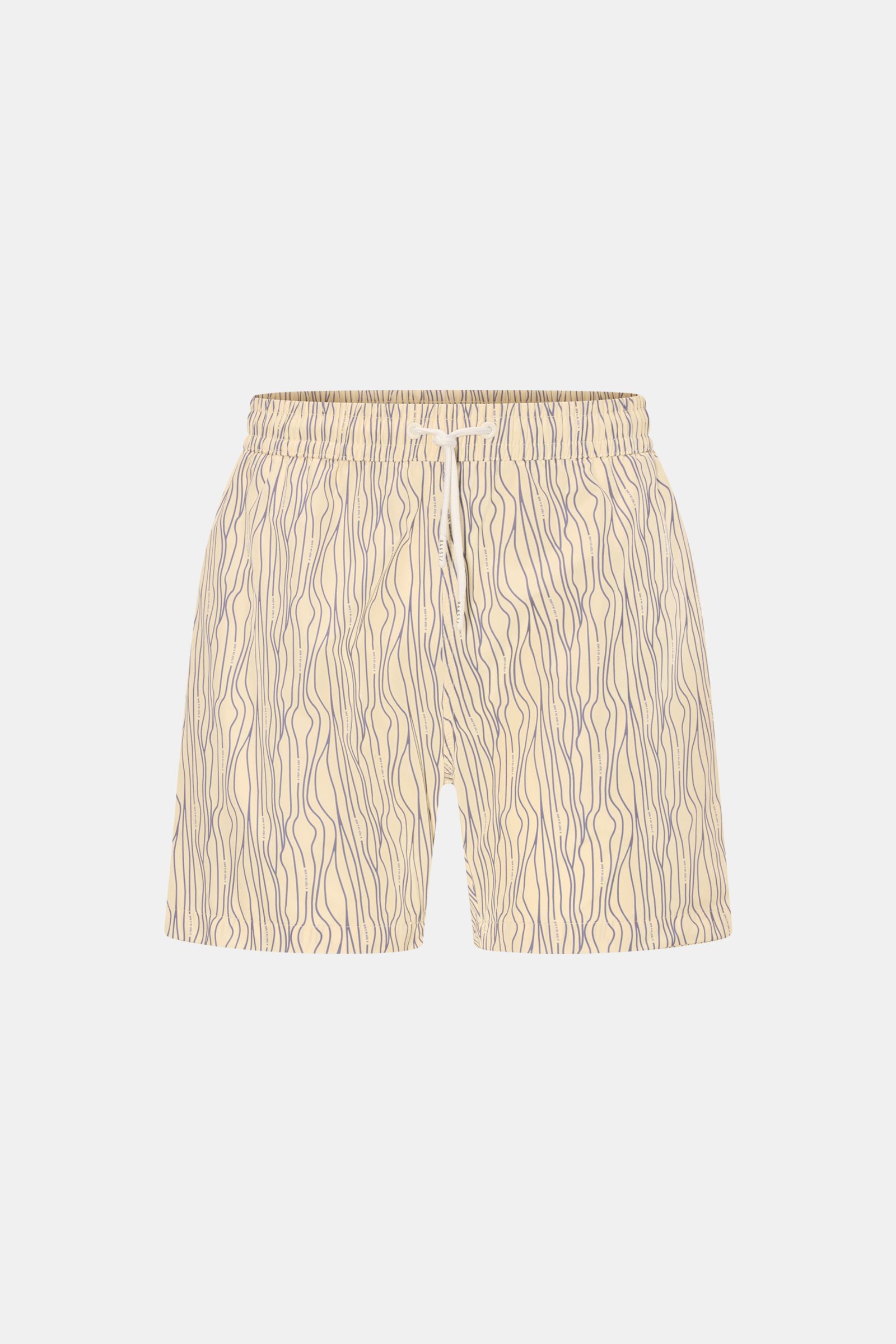 Front view of 04651/ A trip in a bag Swim shorts 'Superkilen' pastel yellow/lavender patterned with wavy all-over print, elasticated waistband, drawstring, side pockets, back pocket with hook-and-loop fastener, side vents, and mesh lining. 

An eye-cat