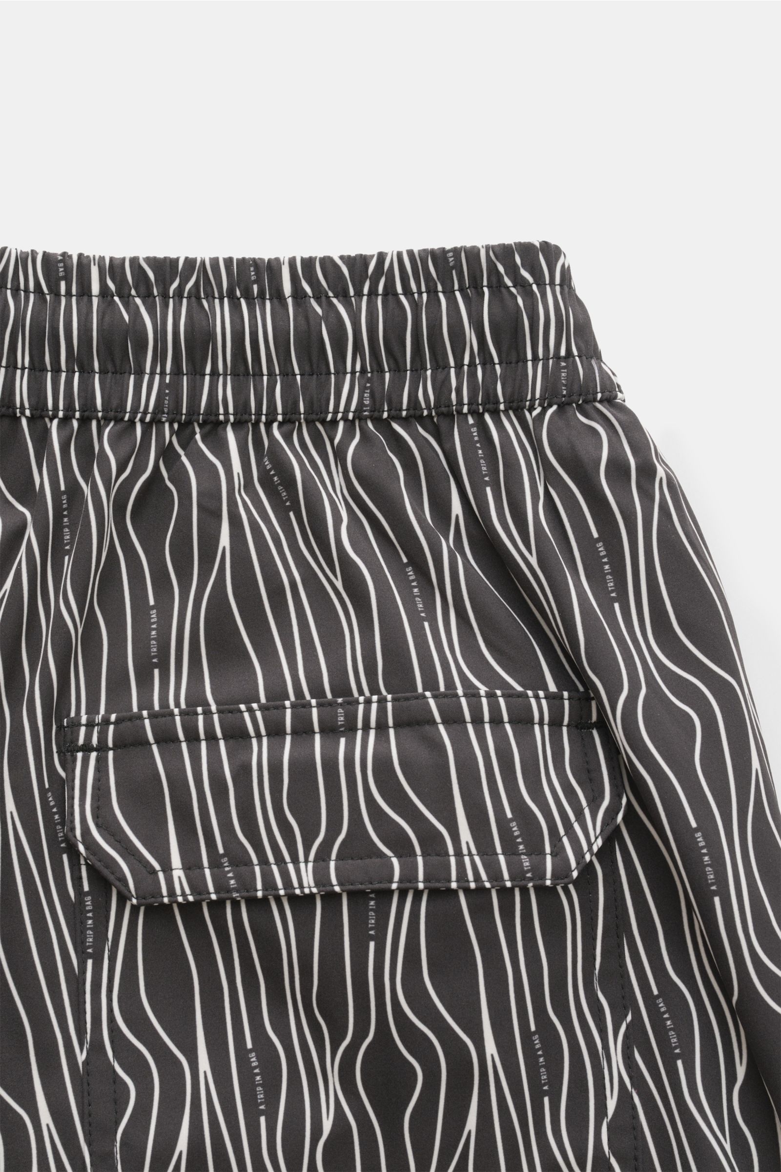 Close-up rear view of 04651/ A trip in a bag Swim shorts 'Superkilen' black/white patterned with elasticated waistband and back pocket.

An eye-catching piece for summer: With their all-over print inspired by Copenhagen’s 'Superkilen' park, these swim 
