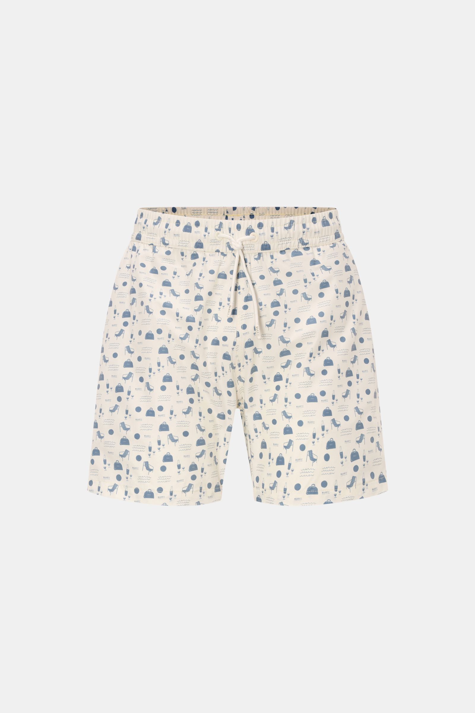 04651/ A trip in a bag Badeshorts 'Seaside' creme/rauchblau gemustert, Frontansicht, Regular Fit, elastischer Bund, Tunnelzug, seitliche Saumschlitze, Taschen