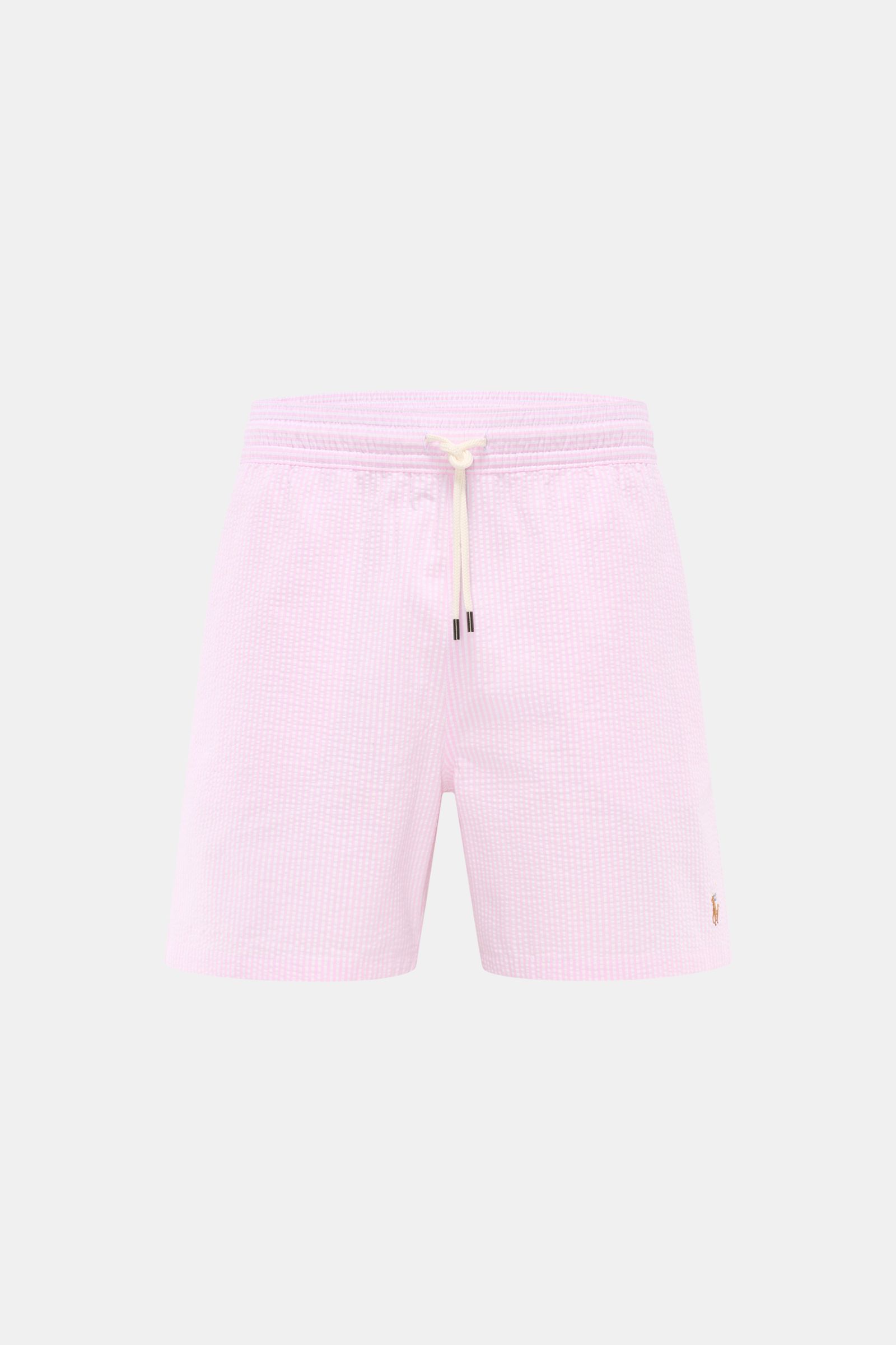 Polo Ralph Lauren Badeshorts 'Traveler' rosé/weiß gestreift, Regular Fit, elastischer Bund mit Tunnelzug, seitliche Taschen, Frontansicht.