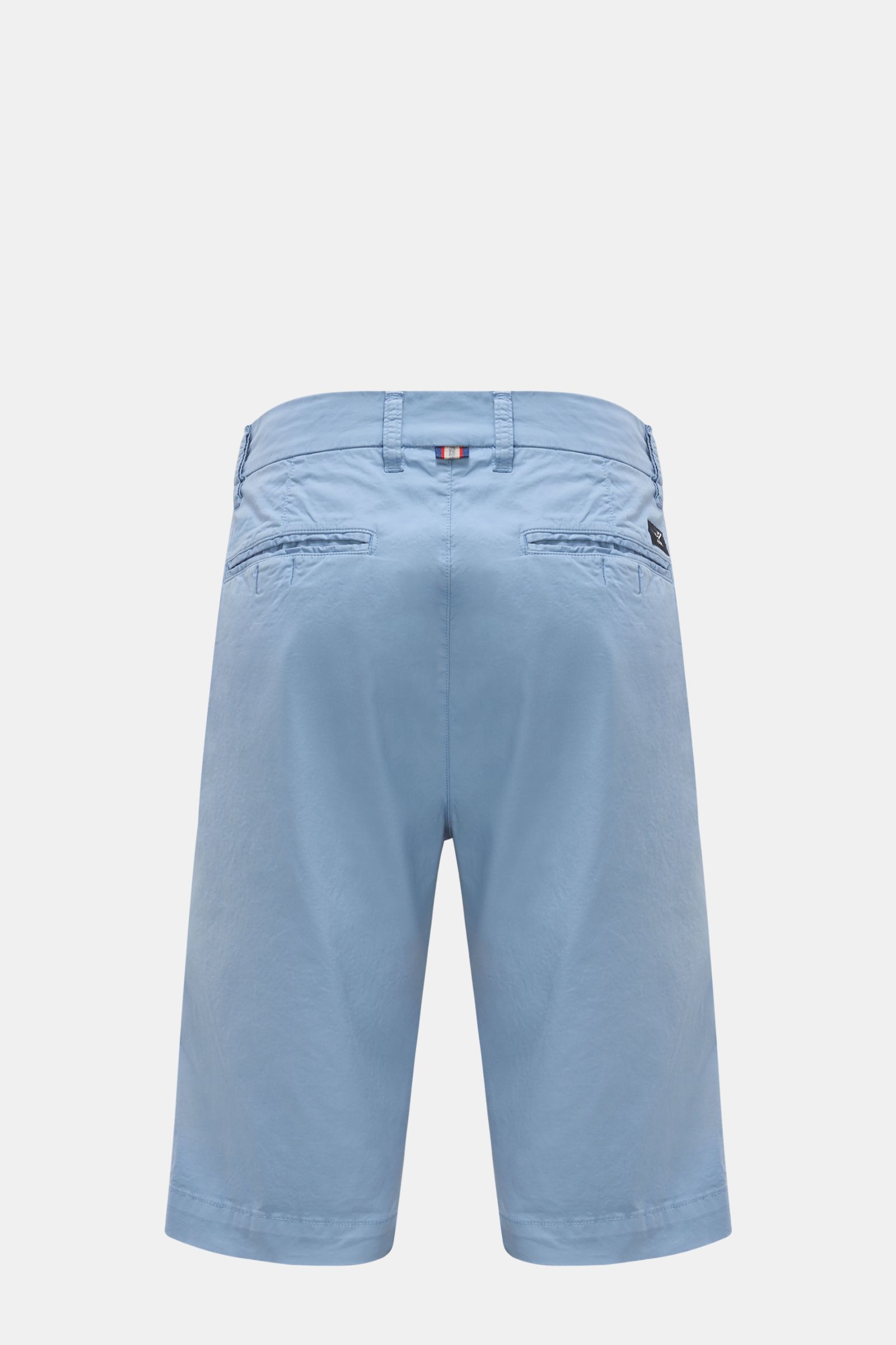 Back view of Mason's Bermudas 'London' smoky blue made from slightly elasticated cotton with a soft feel, regular fit, zip and waist button, French pockets, small watch pocket, jetted back pockets with snap button, and a small MASON'S woven label.