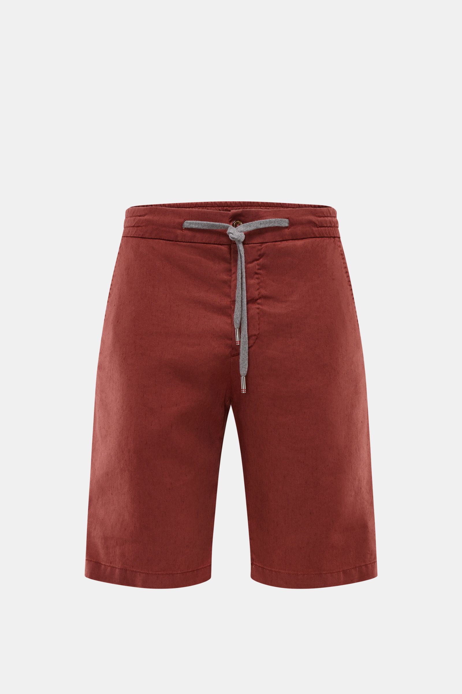 Marco Pescarolo Bermudas 'Cenito' rotbraun, frontal fotografiert, aus leicht elastischem Leinen-Lyocell-Mix mit Tunnelzug, französischen Taschen.