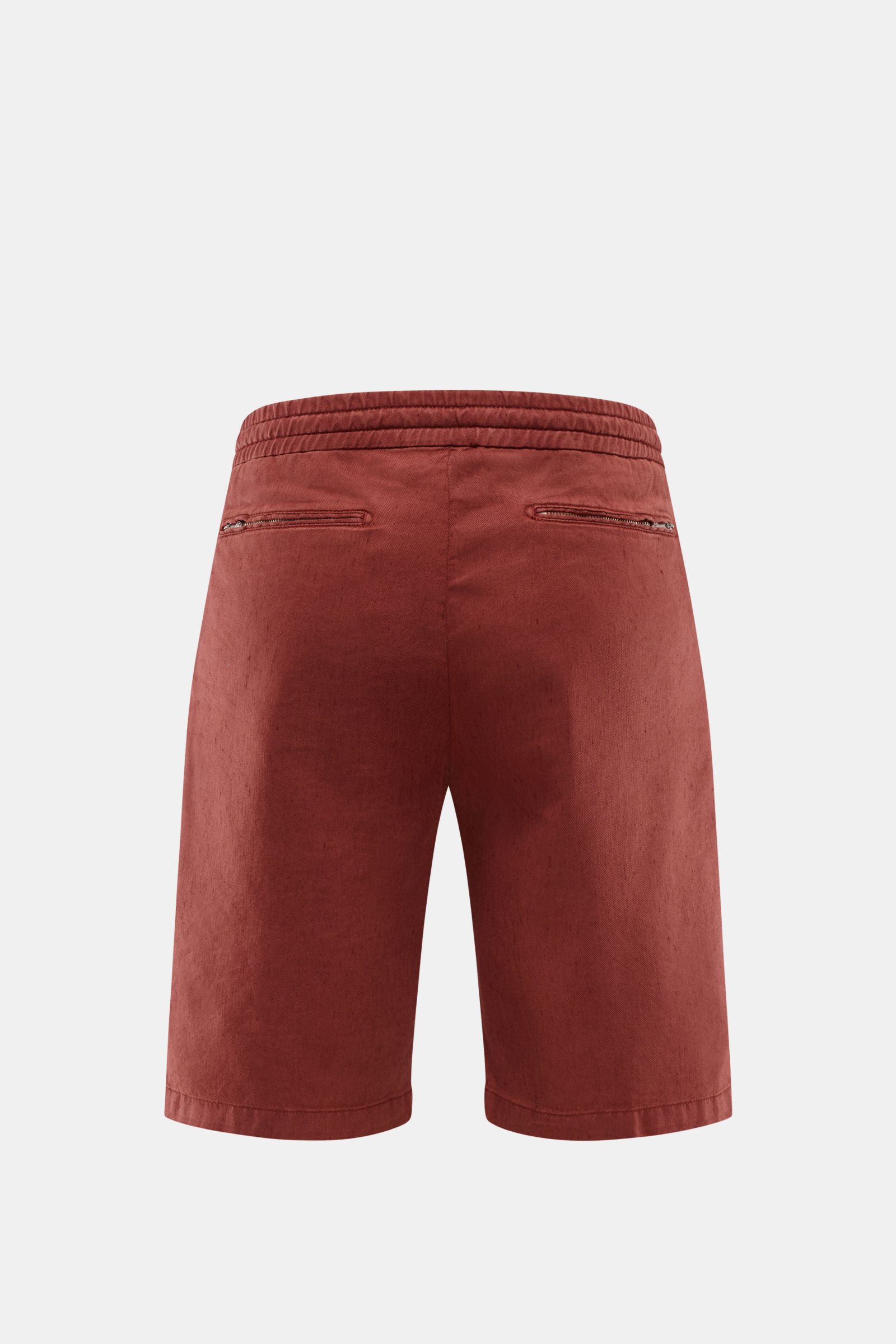 Marco Pescarolo Bermudas 'Cenito' rotbraun, hinten fotografiert, aus elastischem Leinen-Lyocell-Mix mit Reißverschluss- und französischen Taschen.