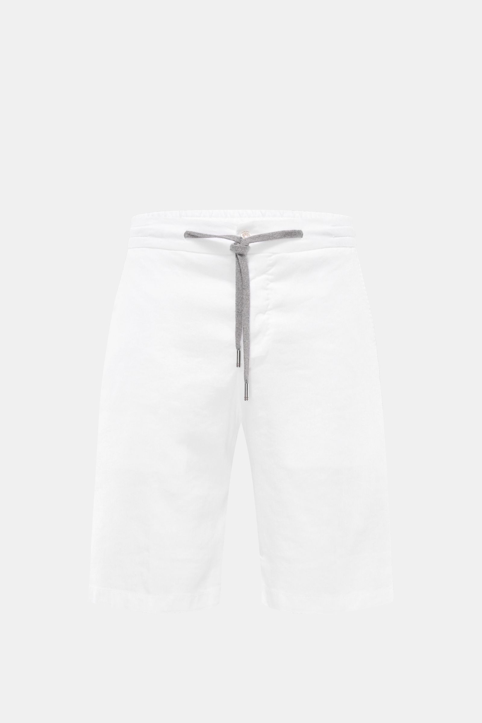 Marco Pescarolo Bermudas 'Cenito' weiß, frontal fotografiert, aus Leinen-Lyocell-Mix mit Tunnelzug, Reißverschluss, Bundknopf, Taschen.