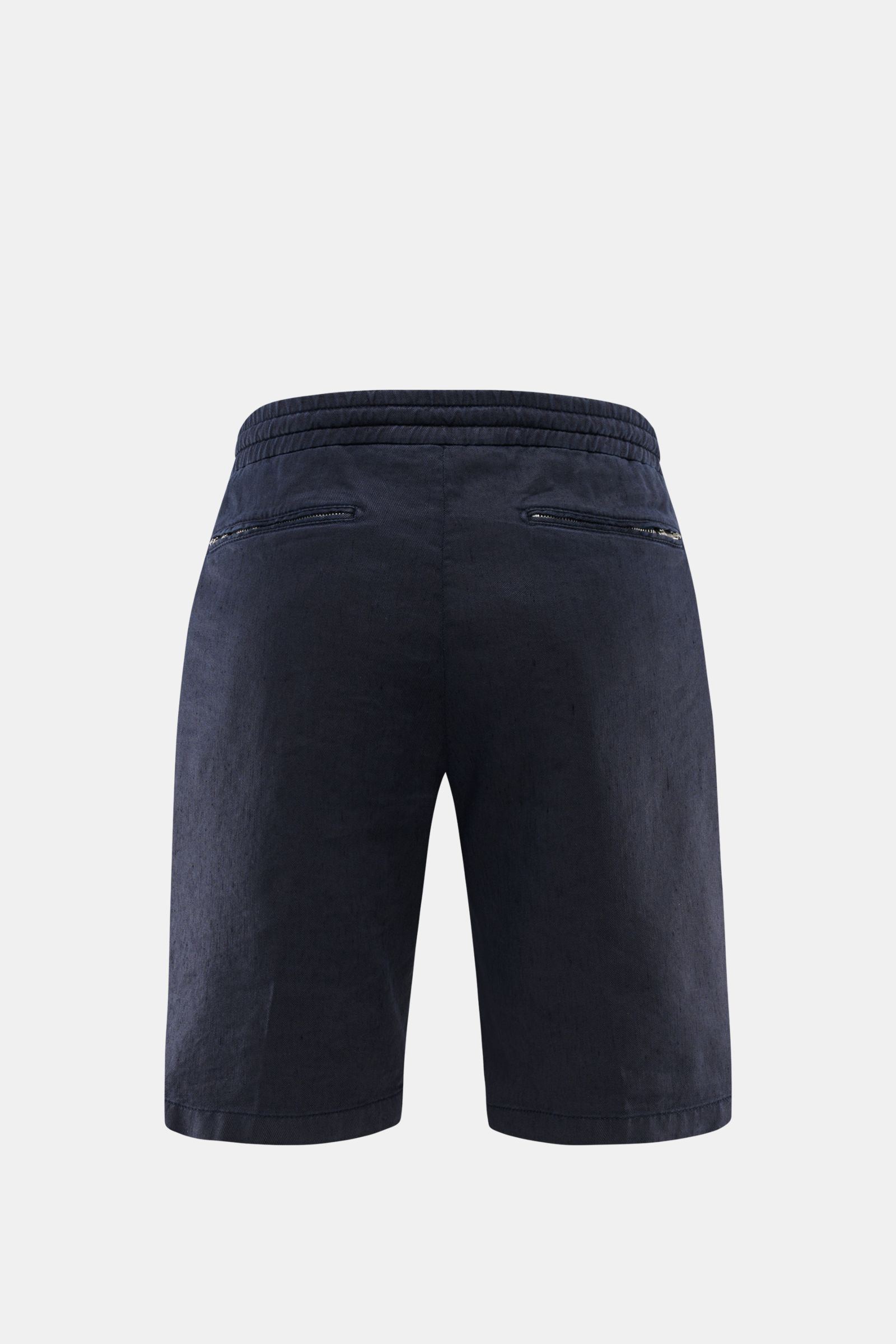 Marco Pescarolo Bermudas 'Cenito' navy in Rückansicht, aus leicht elastischem Leinen-Lyocell-Mix mit weichem Griff, Reißverschluss- und Bundknopf, teil-elastischem Bund und Zipper-Gesäßtaschen.