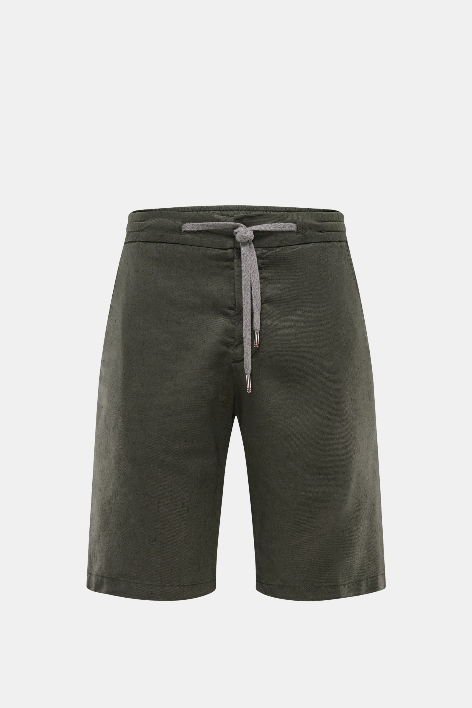 Marco Pescarolo Bermudas 'Cenito' graugrün, frontale Ansicht, leichte Leinen-Lyocell-Mischung, elastischer Bund, Tunnelzug, Taschen mit Reißverschluss.