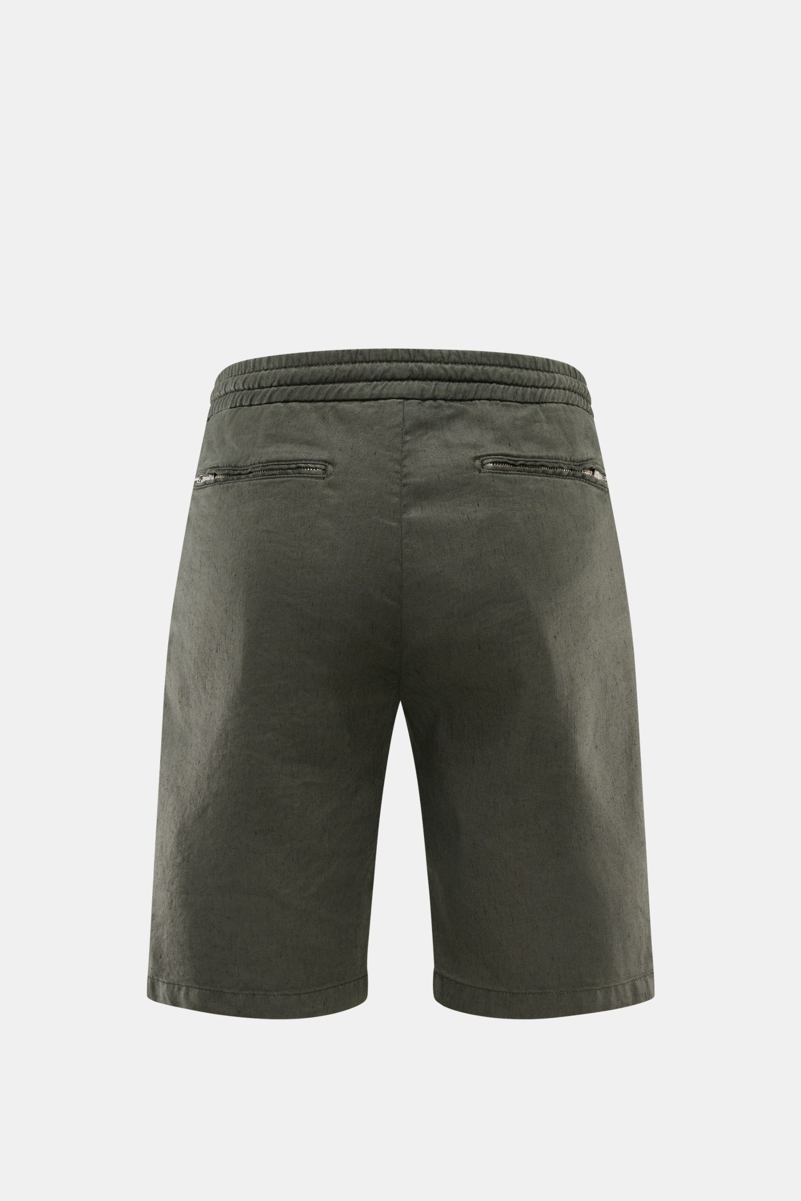 Marco Pescarolo Bermudas 'Cenito' graugrün, Rückansicht, aus leicht elastischem Leinen-Lyocell-Mix mit Reißverschluss-Gesäßtaschen.