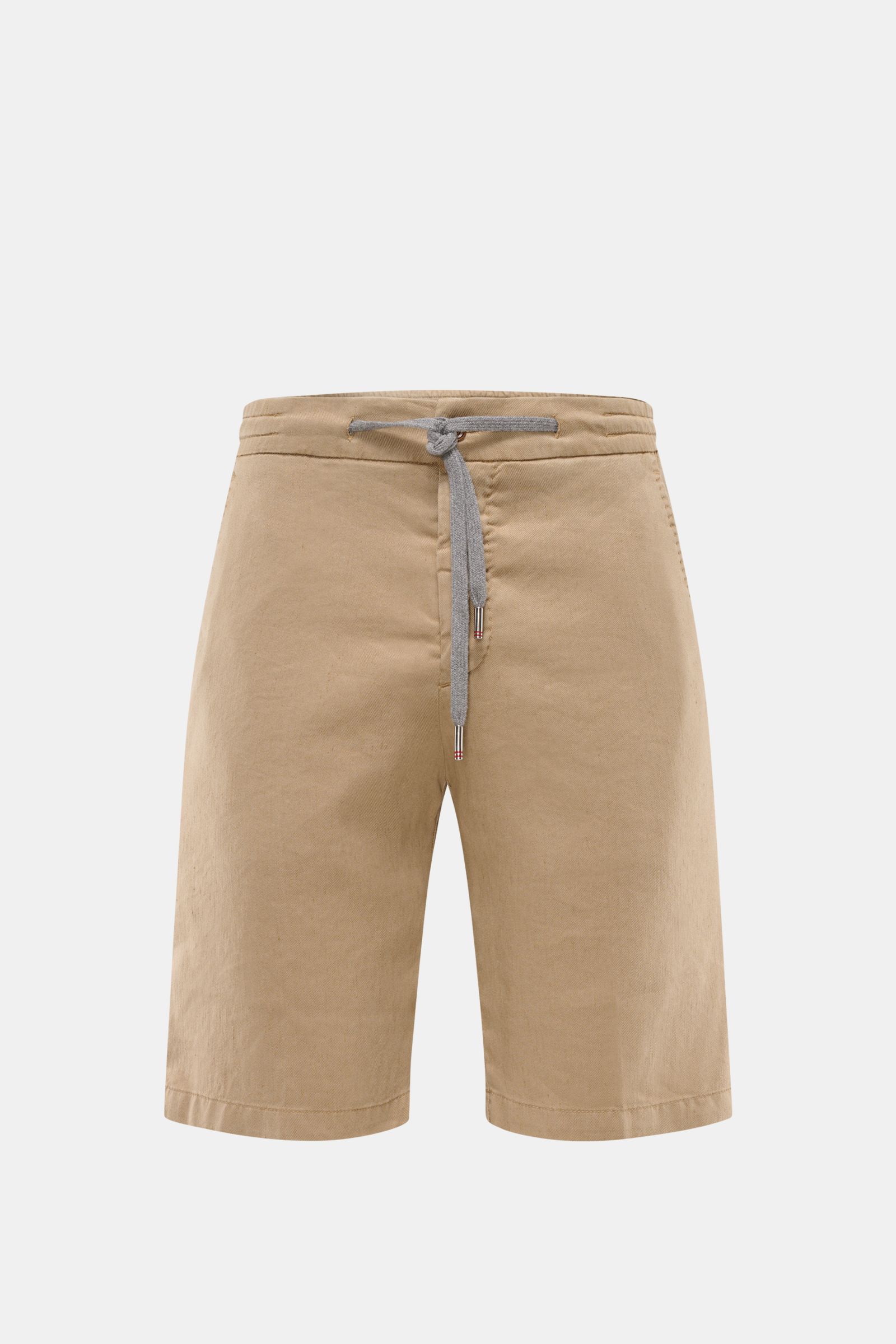 Marco Pescarolo Bermudas 'Cenito' beige aus elastischem Leinen-Lyocell-Mix, frontale Ansicht mit Tunnelzug, Reißverschluss und Taschen.