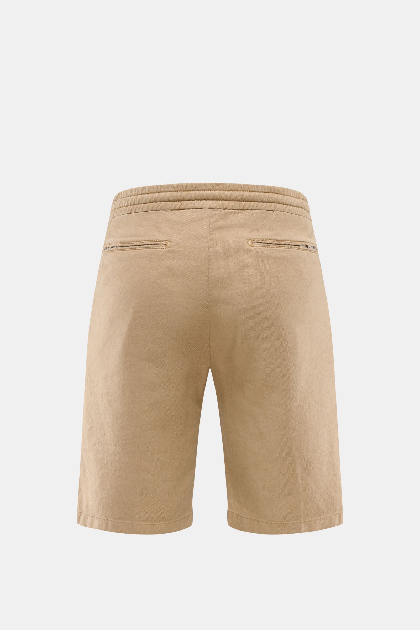 Marco Pescarolo Bermudas 'Cenito' beige, Rückansicht, leichte Leinen-Lyocell-Qualität, elastischer Bund mit Tunnelzug, Reißverschluss-Taschen.