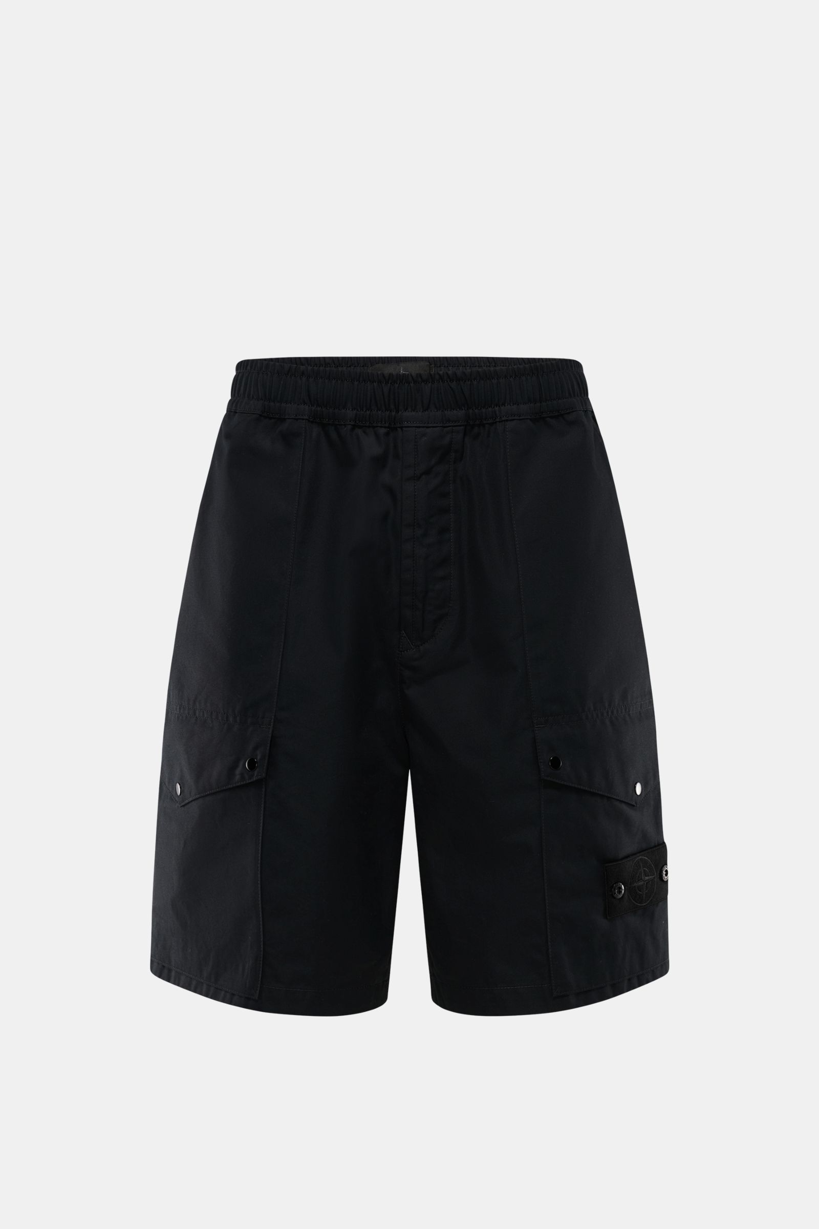Front view of Stone Island Shorts 'Ghost' black in pure cotton with elastic waistband, four front and jetted back pockets, and compass badge.

Description:  
Modern utility design: These STONE ISLAND shorts from the 'Ghost' Capsule Collection are timel
