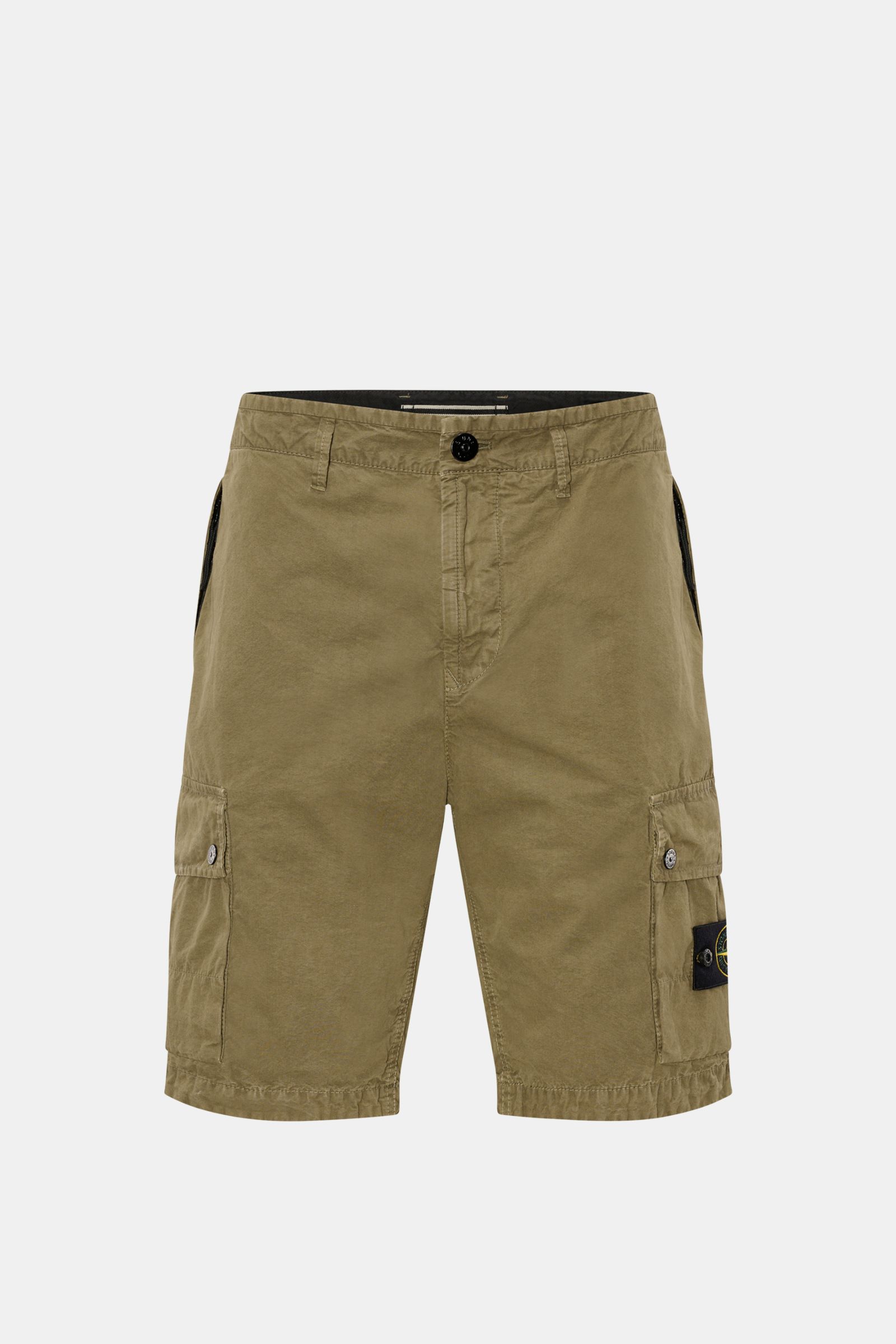 Stone Island Cargo-Bermudas oliv aus leichter Baumwolle, Regular Fit, hohe Bundhöhe, Cargotaschen mit Druckknöpfen, Frontansicht.
