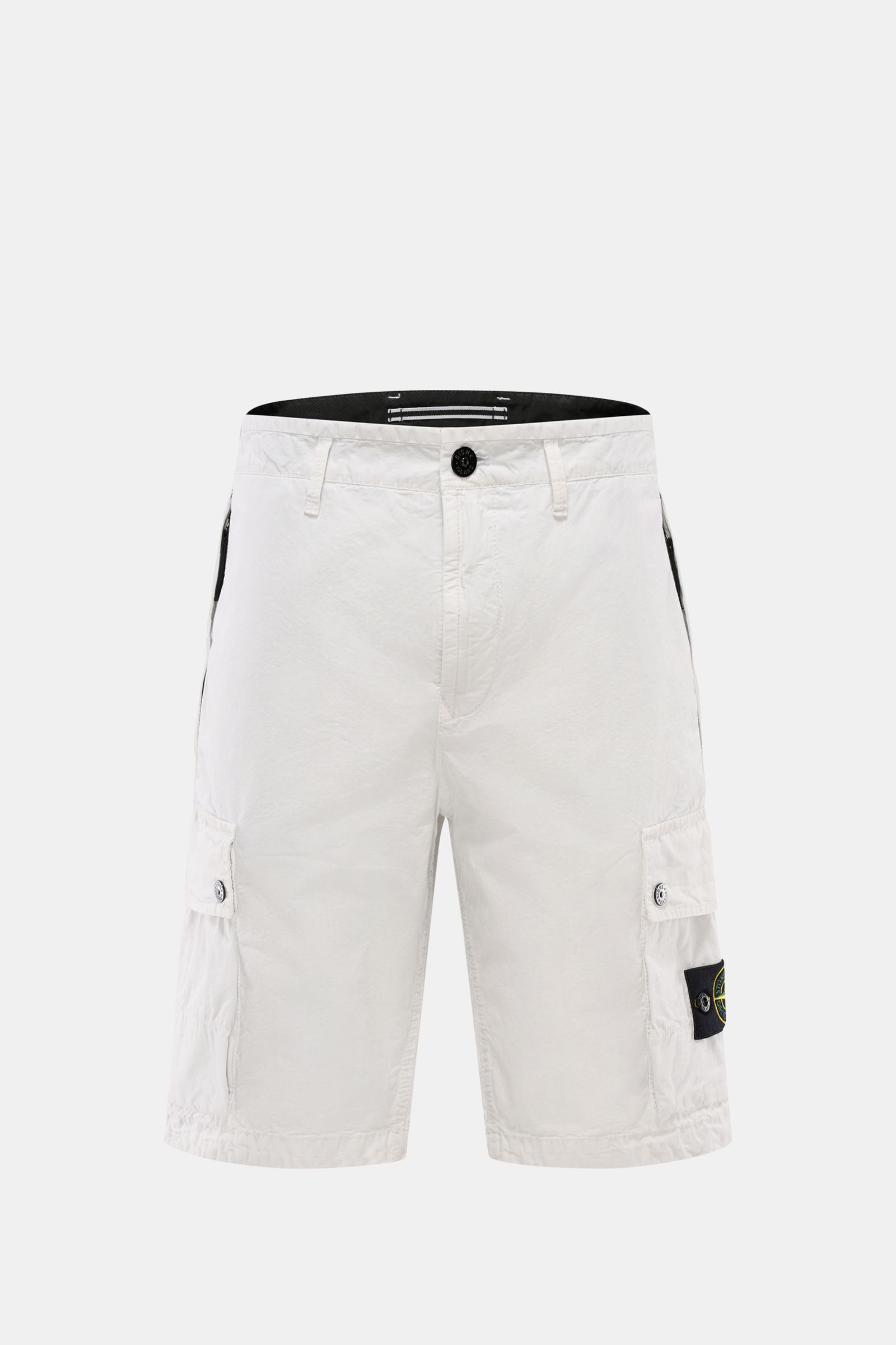 Stone Island Cargo-Bermudas hellgrau, frontale Nahaufnahme, reine Baumwolle, Regular Fit, Cargotaschen mit Druckknöpfen, Kompass-Badge.