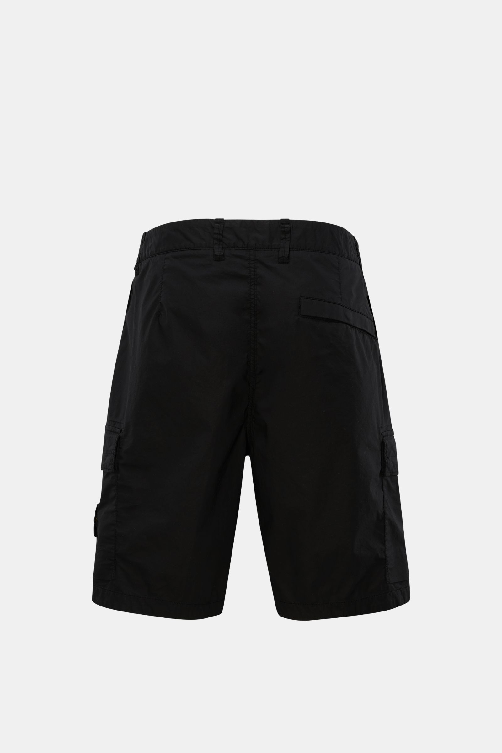 Stone Island Cargo-Shorts schwarz, Rückansicht, leichte Baumwolle, Regular Fit, hohe Bundhöhe, Cargotaschen mit Druckknöpfen, Zipper-Hüfttaschen.