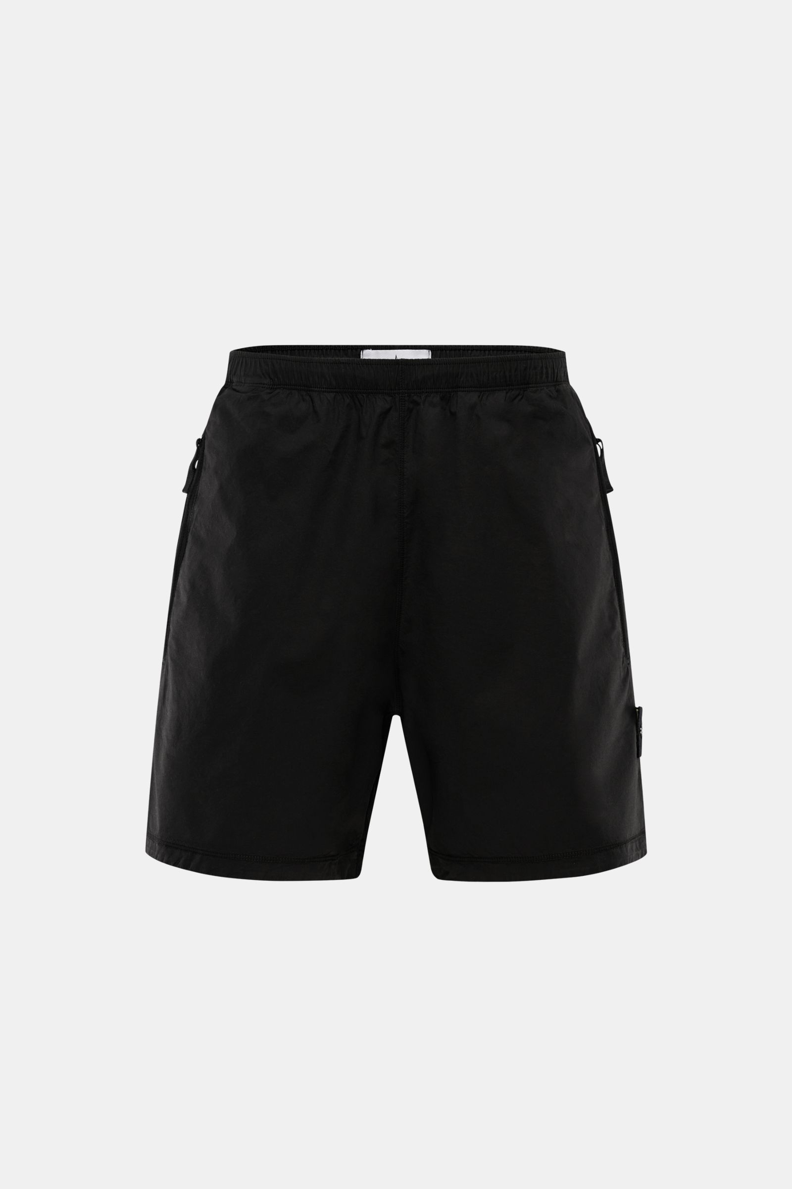 Front view of Stone Island Shorts 'Paracadute' black, lightweight stretch cotton with elastic waistband, zip pockets, and compass badge.
