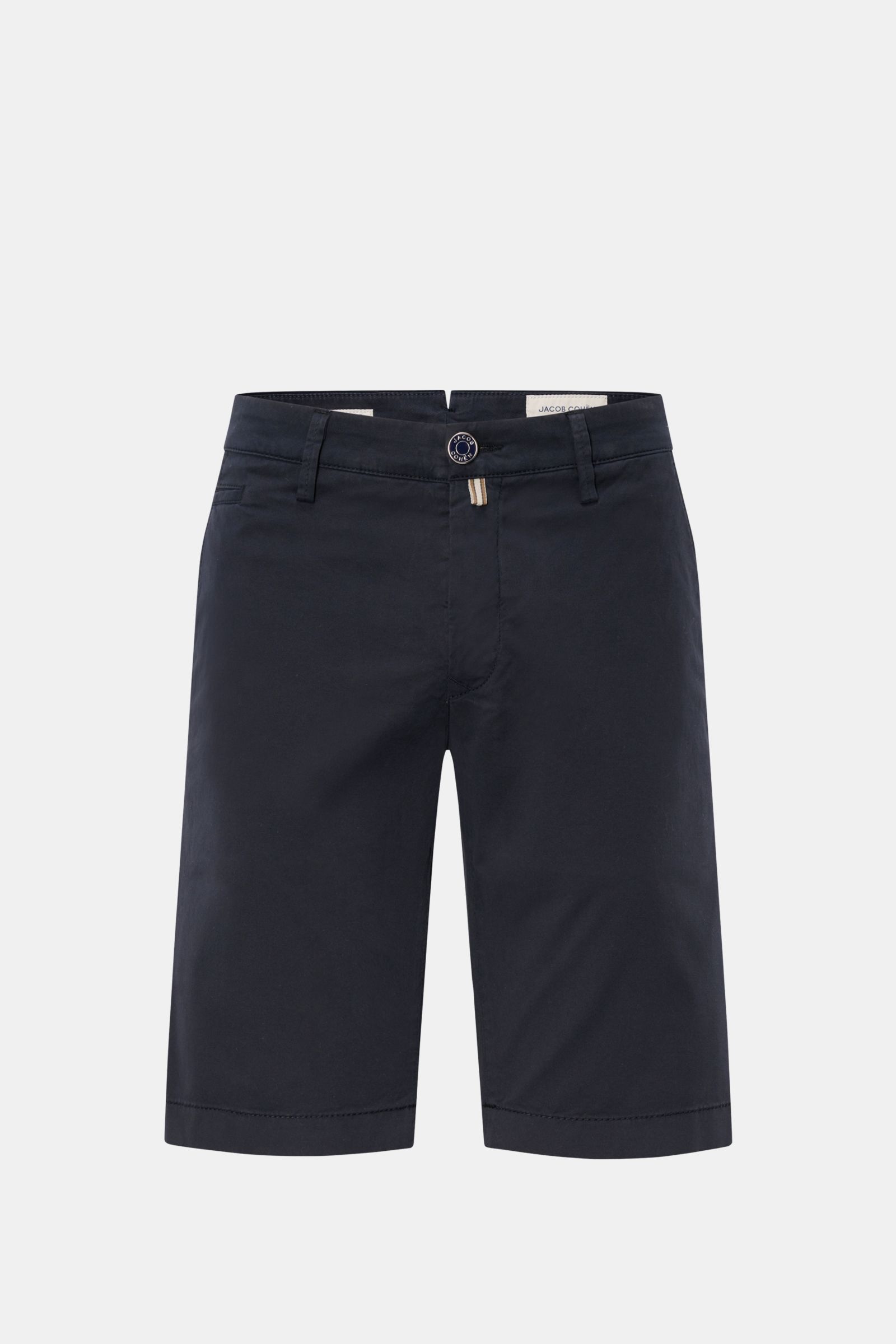 Jacob Cohen Bermudas 'Bob' navy, frontale Ansicht, slim Fit, niedrige Bundhöhe, Button Fly, elastische Baumwolle, French Taschen, Leather Patch.