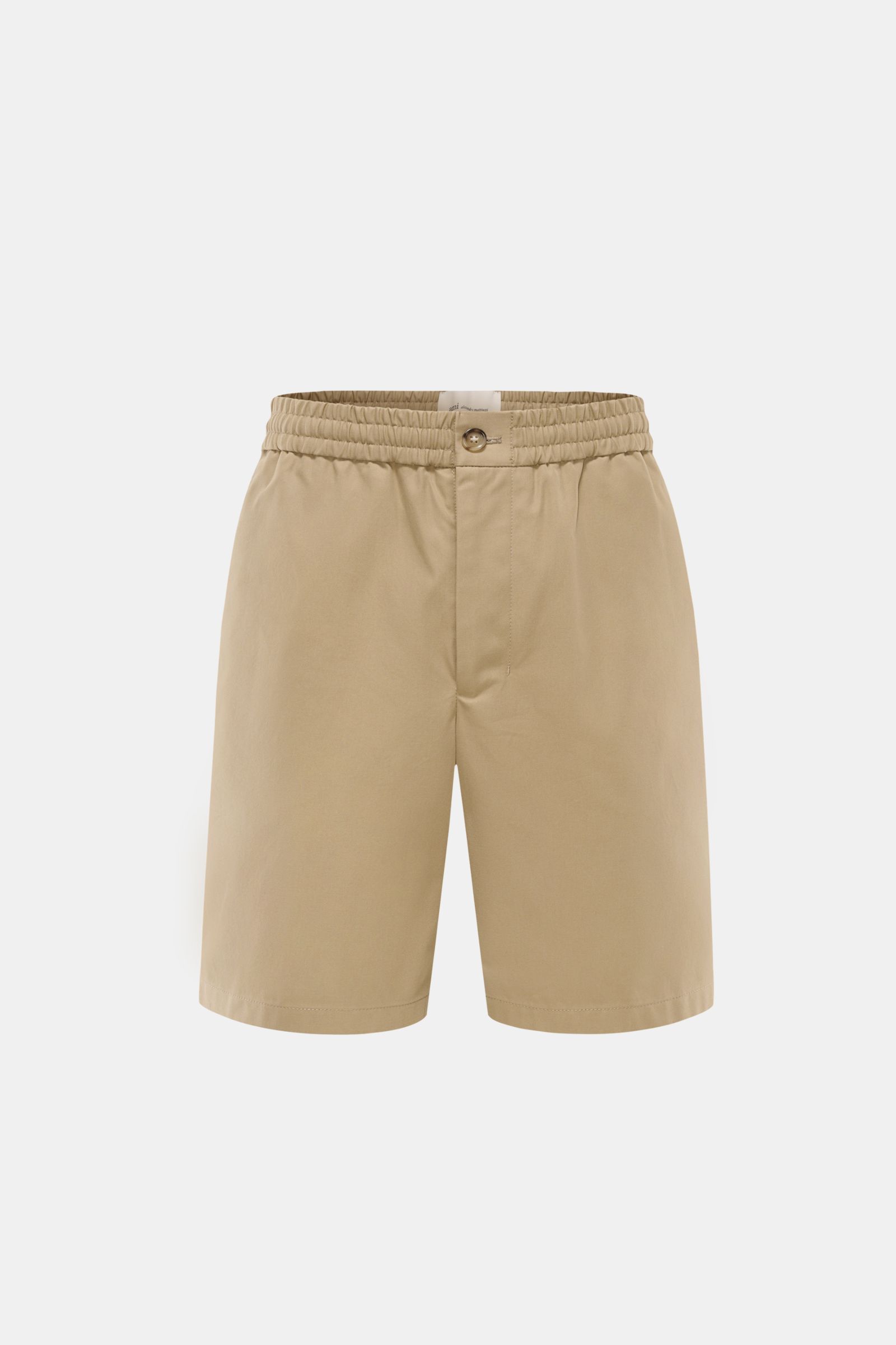 Vorderansicht der Ami Paris Shorts taupe aus reinem Baumwoll-Twill mit elastischem Bund, Tunnelzug, Reißverschluss, Bundknopf und französischen Taschen.