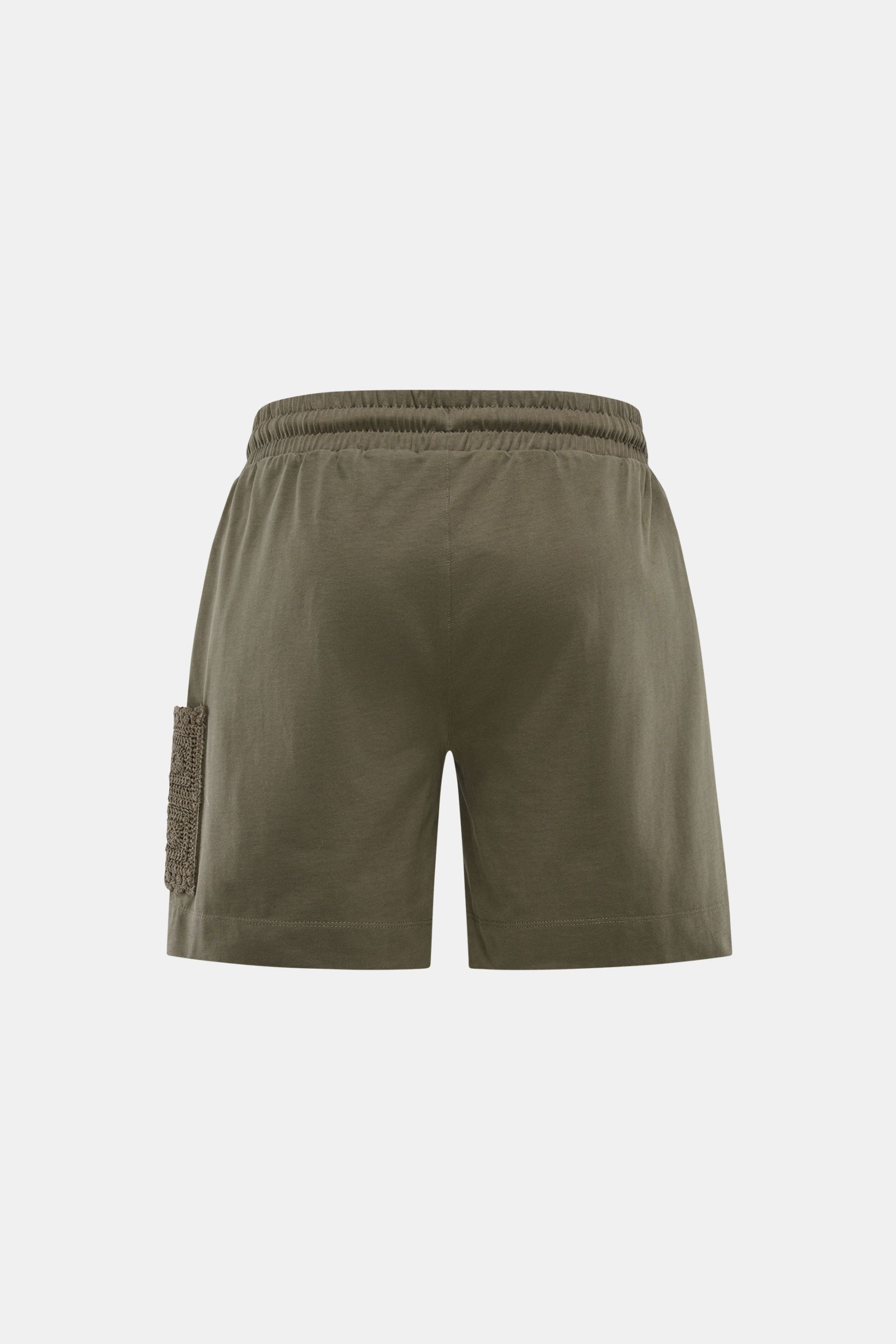 Ché Sweat-Shorts 'Inigo' dark olive, Rückansicht, reine Baumwolle, weicher Griff, regulierbarer Bund, Regular Fit, seitliche Taschen, aufgesetzte Häkel-Tasche.