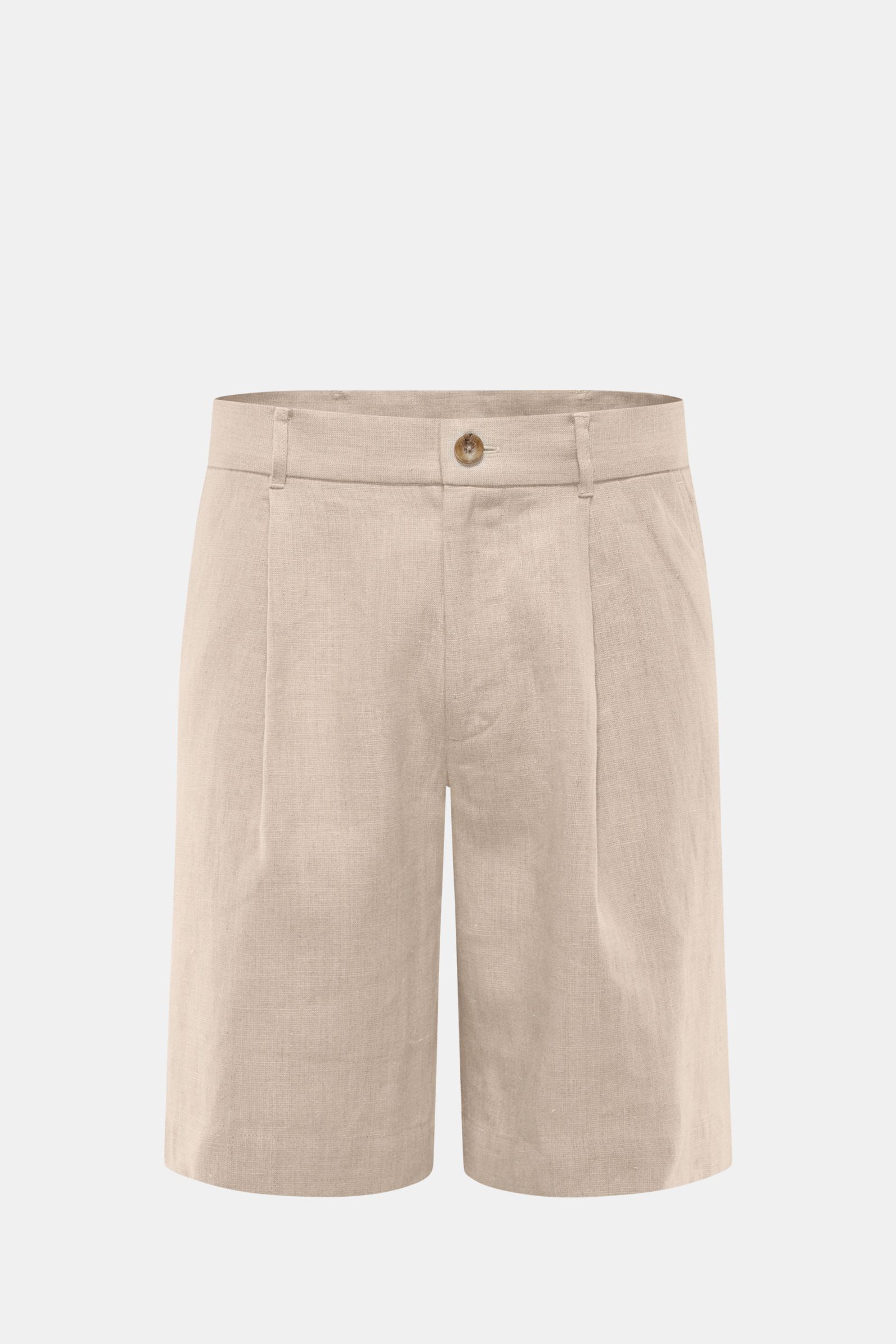 Frontale Nahaufnahme der Ché Leinenshorts 'Nevis' beige aus reinem Leinen mit Regular Fit, Bundknopf, Reißverschluss, Bundfalte und Taschen.