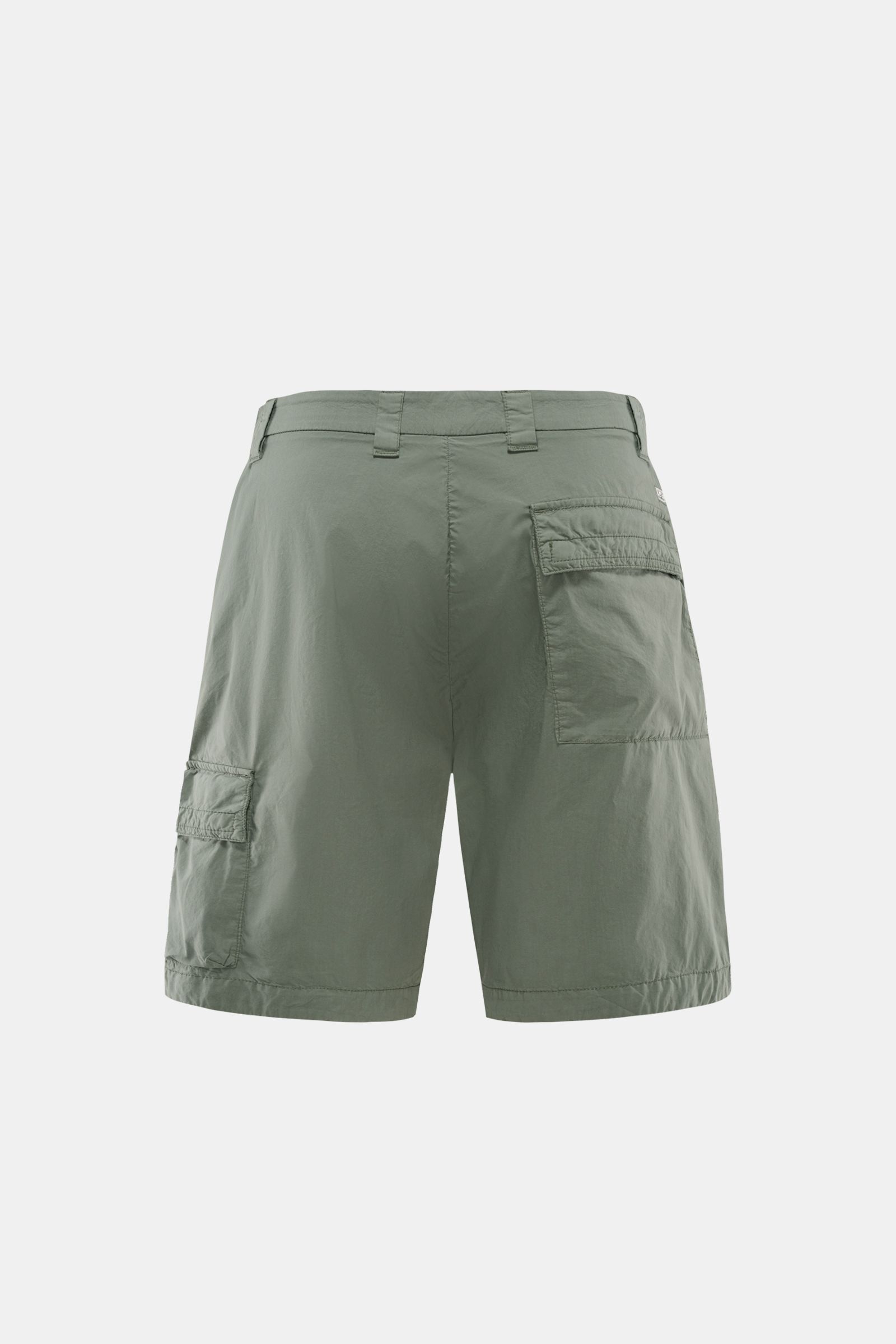 C.P. Company Cargo-Bermudas graugrün, Rückansicht, Utility-Ästhetik, Baumwolle-Microfaser-Mix, Regular Fit, Cargo- und Gesäßtasche mit Patte, Reißverschluss und Bundknopf.