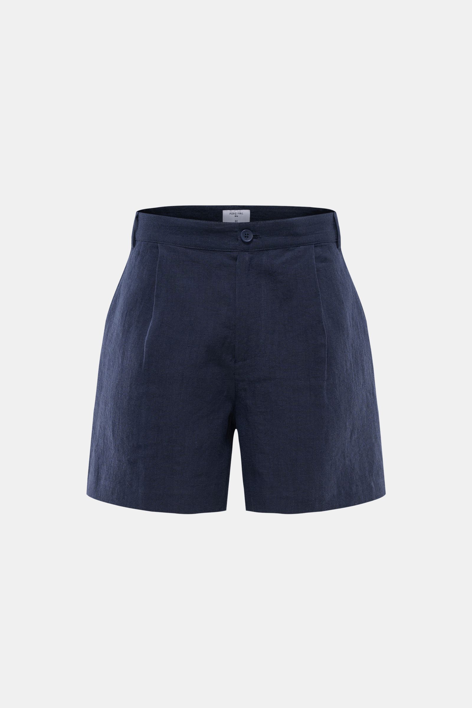 Alt tag (125 characters max):
Front view of Percival Linen shorts navy in pure linen with pleats, zip, button, French and jetted back pockets, regular fit.

Description:
Stay smart this summer: These shorts made of pure, airy linen by London label PERC