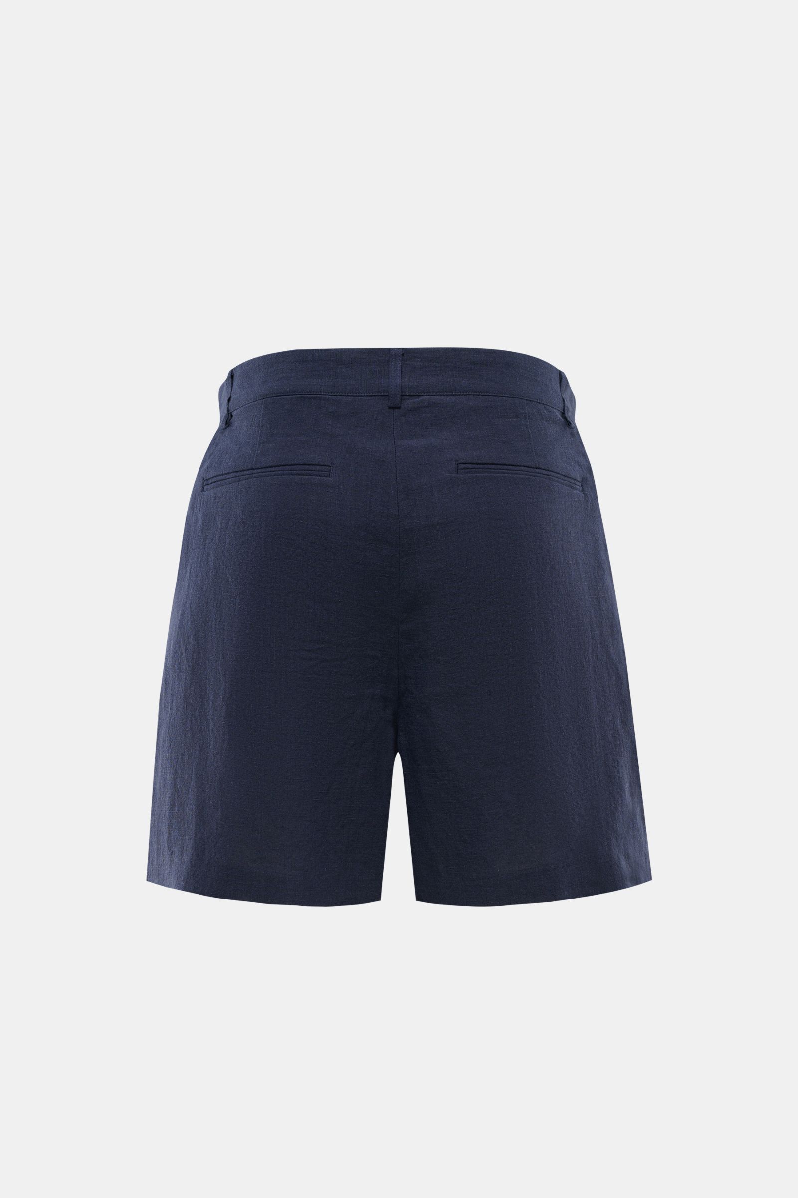 Alt tag (125 characters max): Rear view of Percival Linen shorts navy in pure linen with jetted back pockets, simple pleat, and regular fit.

Description:
Stay smart this summer: These shorts made of pure, airy linen by London label PERCIVAL is made fo