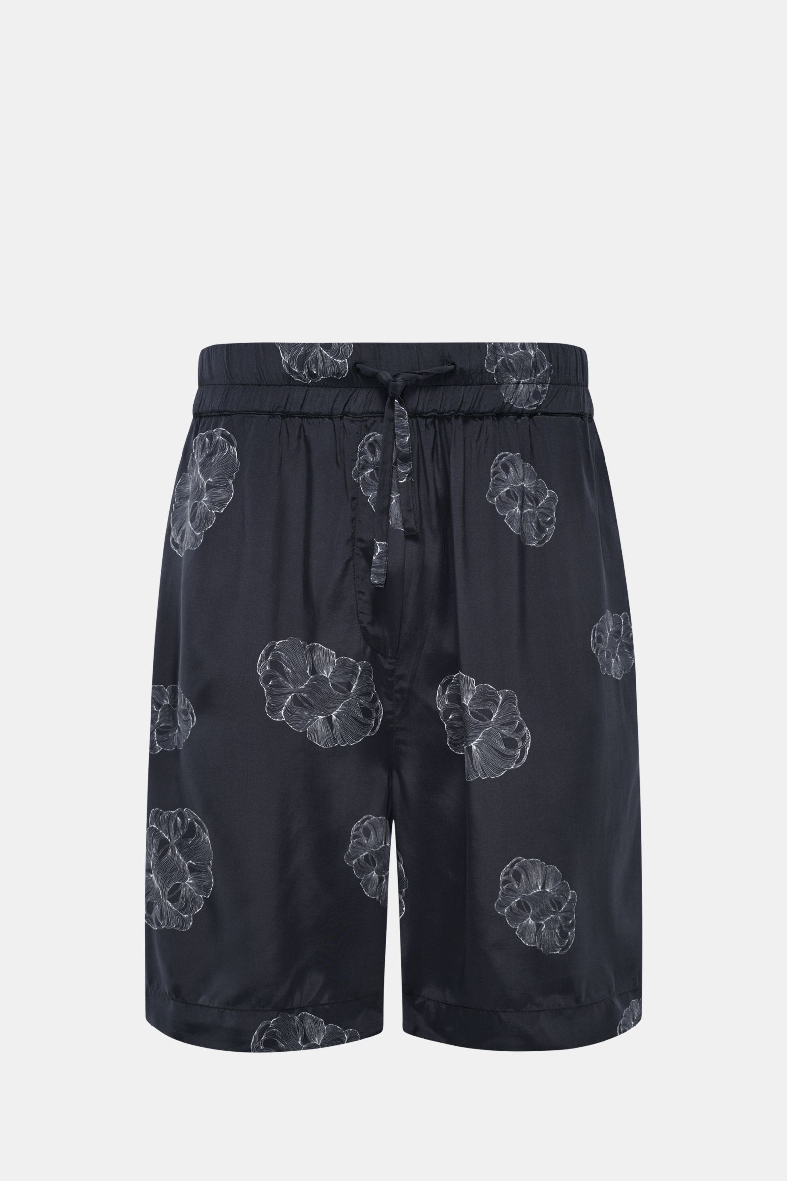 Officine Générale Shorts 'Fynn' schwarz/weiß gemustert, Regular Fit, elastischer Bund mit Tunnelzug, angedeuteter Eingriff, aus leichter Viskose, Frontansicht.