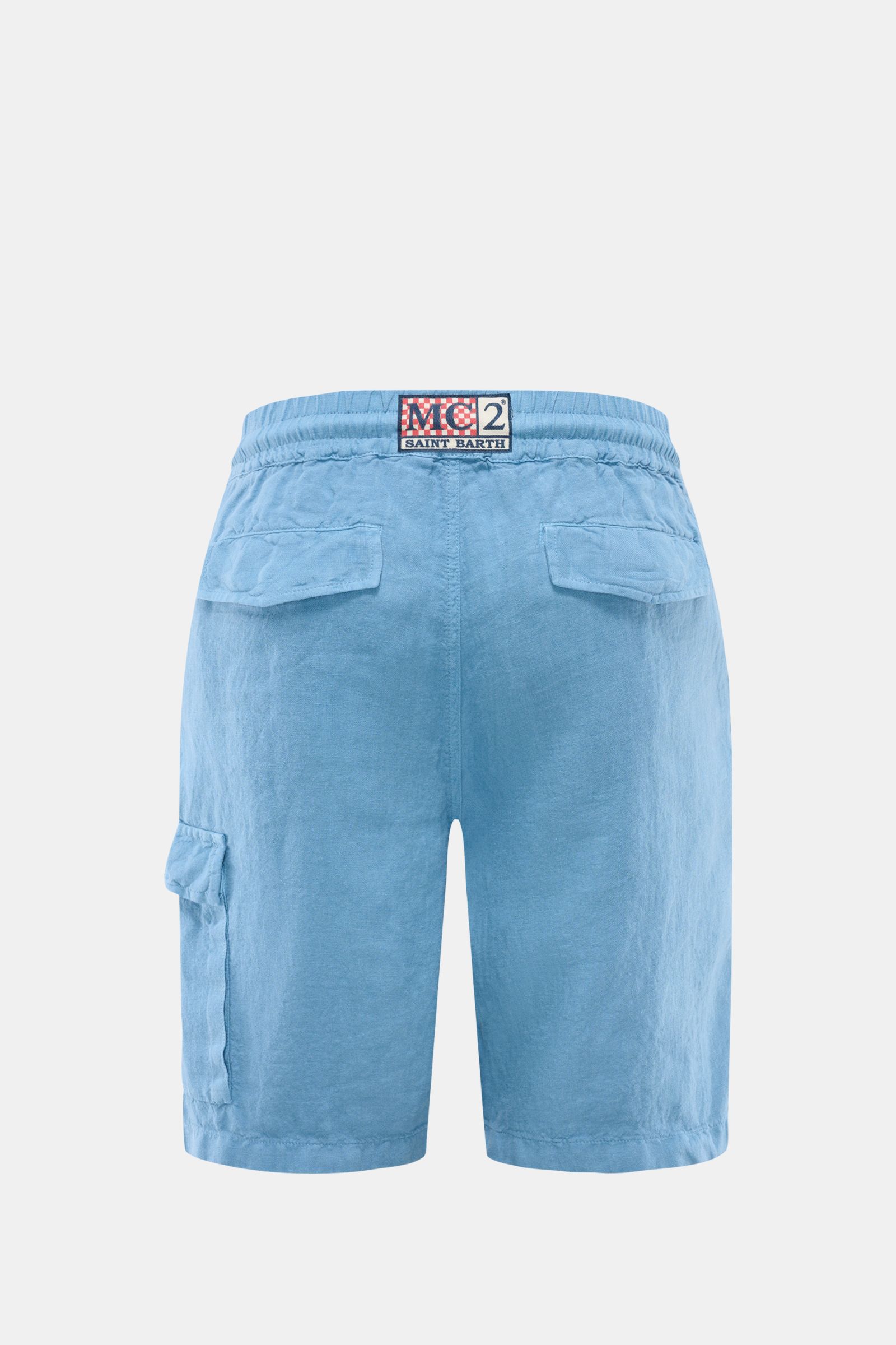 MC2 Saint Barth Linen cargo shorts 'Marseille' smoky blue shown from the back, featuring elasticated waistband, flap back pockets, cargo pocket with tonal stitching, and woven logo label. Made of pure linen with lightweight airy fabric, garment-dyed textu