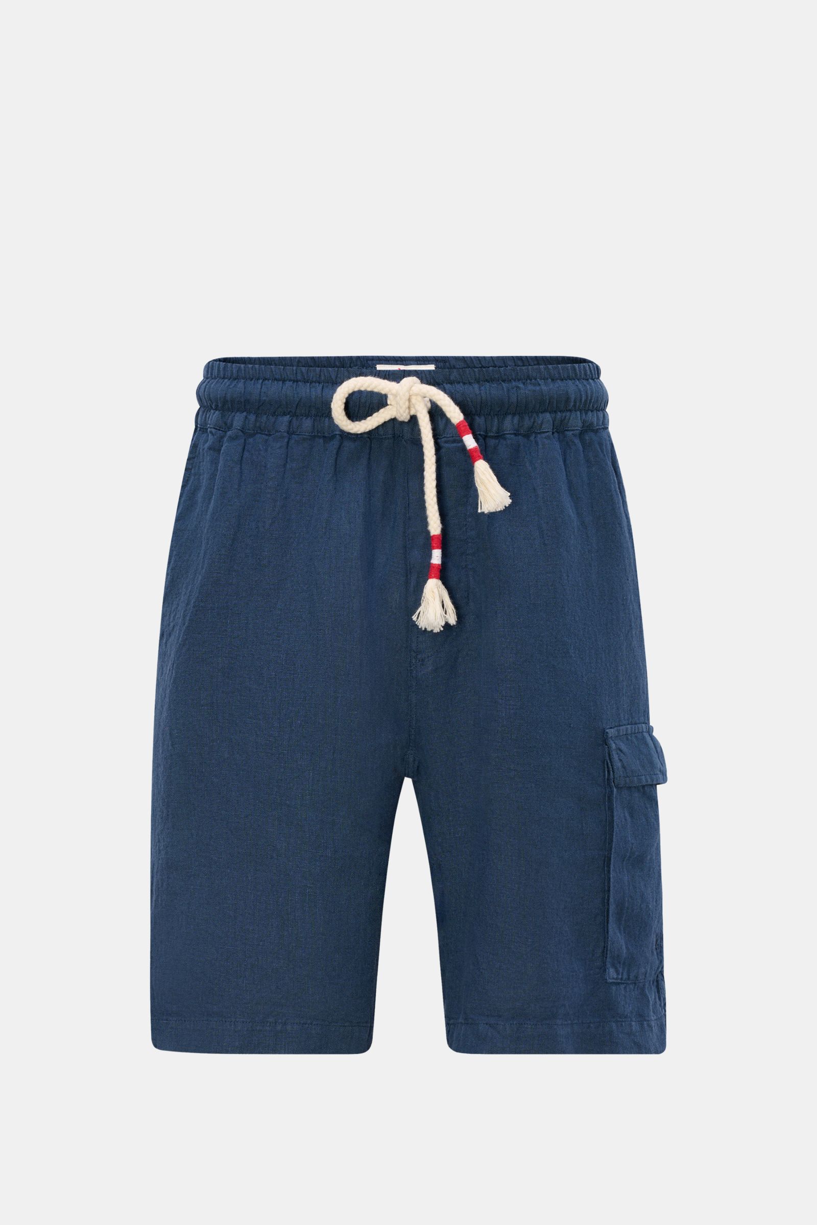 Front view of MC2 Saint Barth Leinen Cargo-Shorts 'Marseille' navy, lightweight pure linen with elastic waistband, drawstring, cargo and back pockets, and distinctive back label.