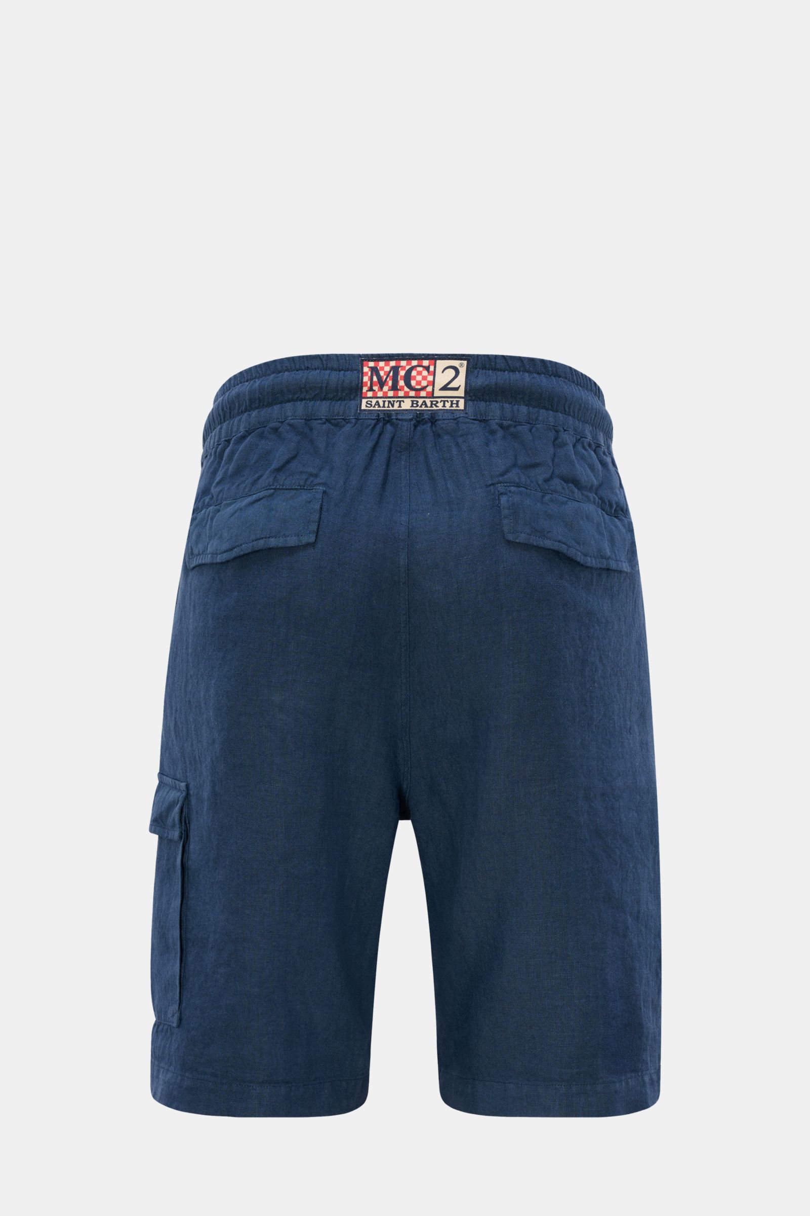 Rear view of MC2 Saint Barth Leinen Cargo-Shorts 'Marseille' navy made from pure linen with elastic waistband, cargo and back pockets, and a distinctive woven label.